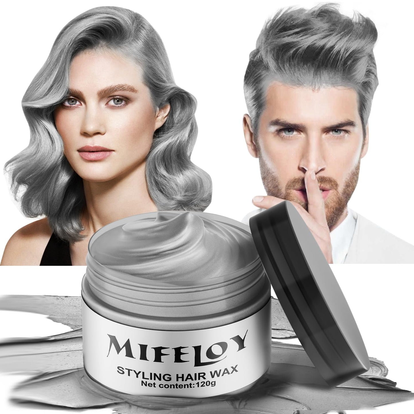Temporary Silver Gray Hair Spray Color Wax 4.23 oz, Instant Natural Hairstyle Cream Dye, Disposable Coloring Mud for Men Women Youth, Grey Styling Pomades, Party Cosplay DIY Halloween