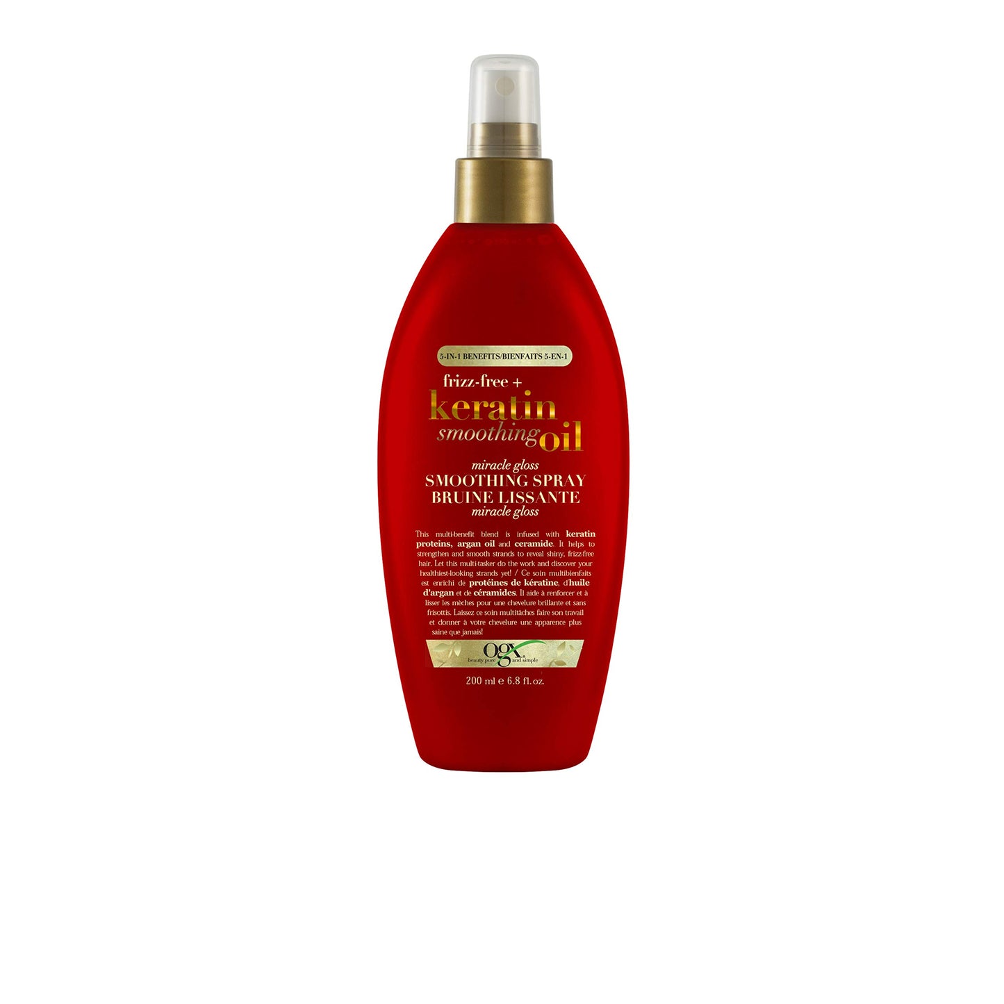 OGX Frizz-Free + Keratin Smoothing Oil Miracle Gloss Spray, 5 in 1, De-frizz & Shiny Hair, Argan Oil