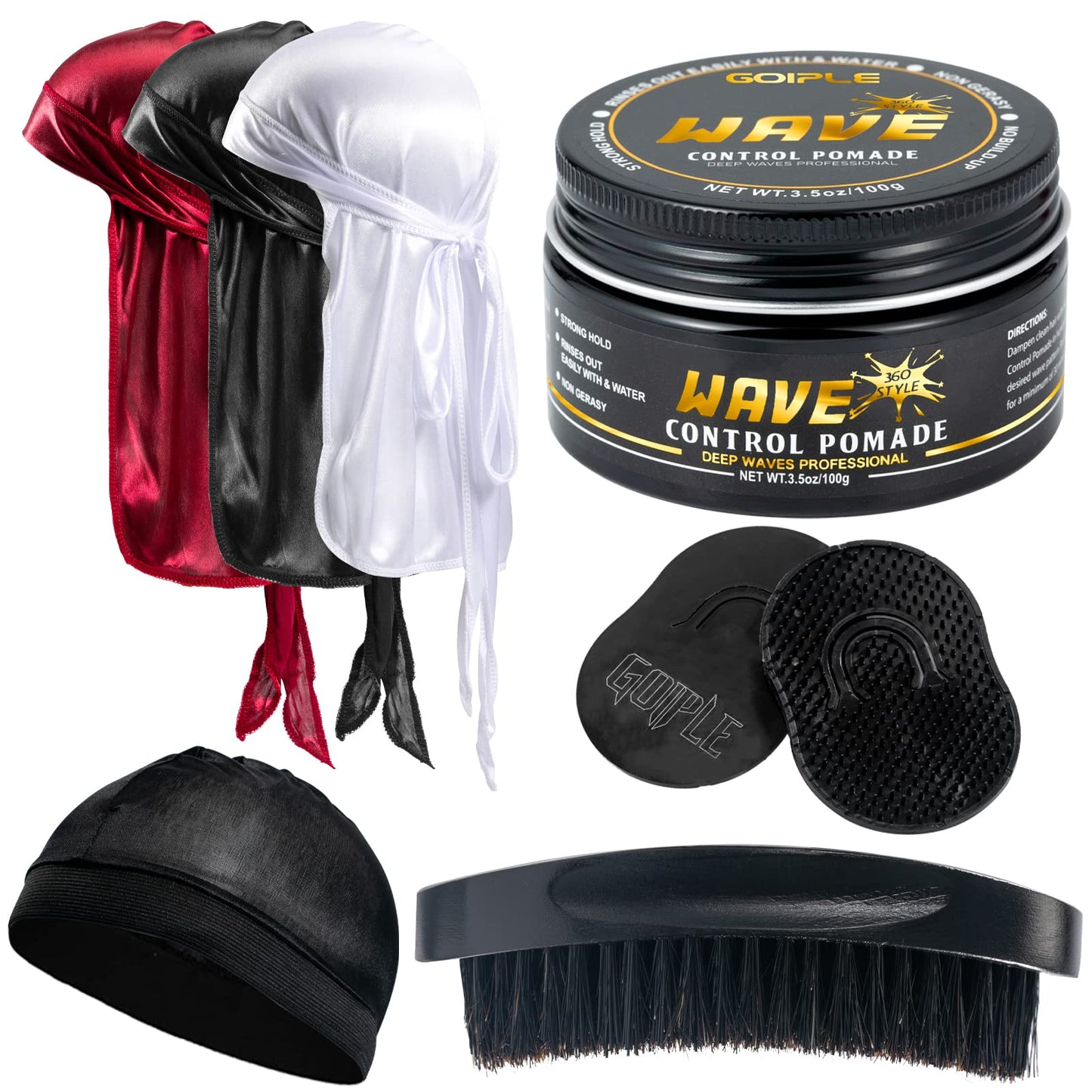 Wave Pomade for Men Strong Hold Easy Wash 360 Wave Training Hair Cream, Waves Grease for Men Promotes Layered Waves, Moisture, Control and Silky Shine Pomade Brushe Silky Durag Cap Set