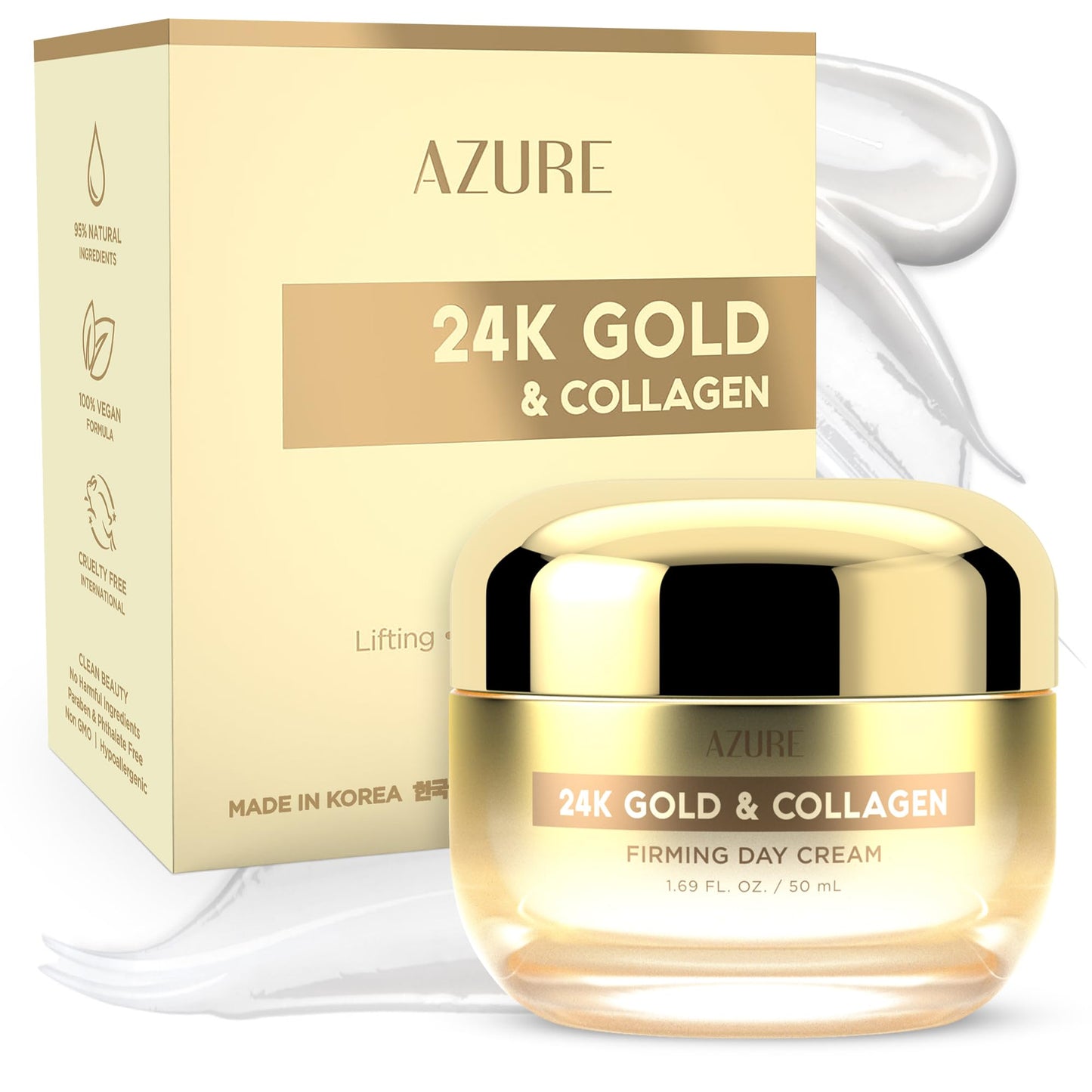 Azure DERMAtologist Tested 24K Gold & Collagen Face Moisturizer - K Beauty Anti-Aging Face Cream for Firming & Skin Tightening Face Cream - Korean Skincare - All Skin Type 1.69 fl oz