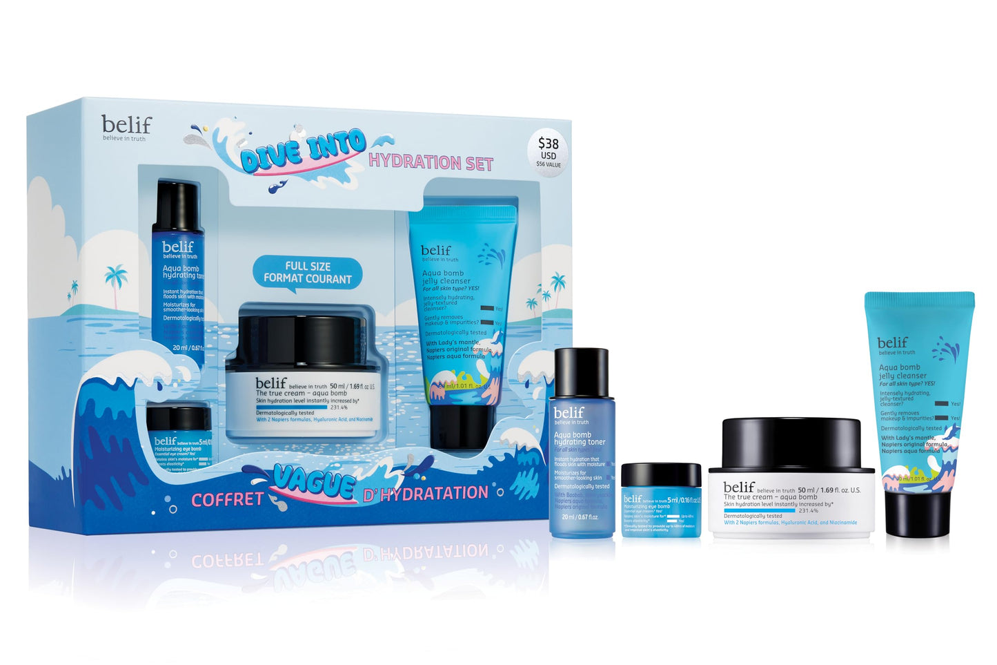 BELIF Aqua Bomb Dive Into Hydration Set | Korean Skin Care | Korean Moisturizer | Makeup Remover | Korean Toner | Eye Cream | Value Set | Gift Set | Aqua Bomb, Cleansing Balm, Hydrating Toner,Eye Bomb