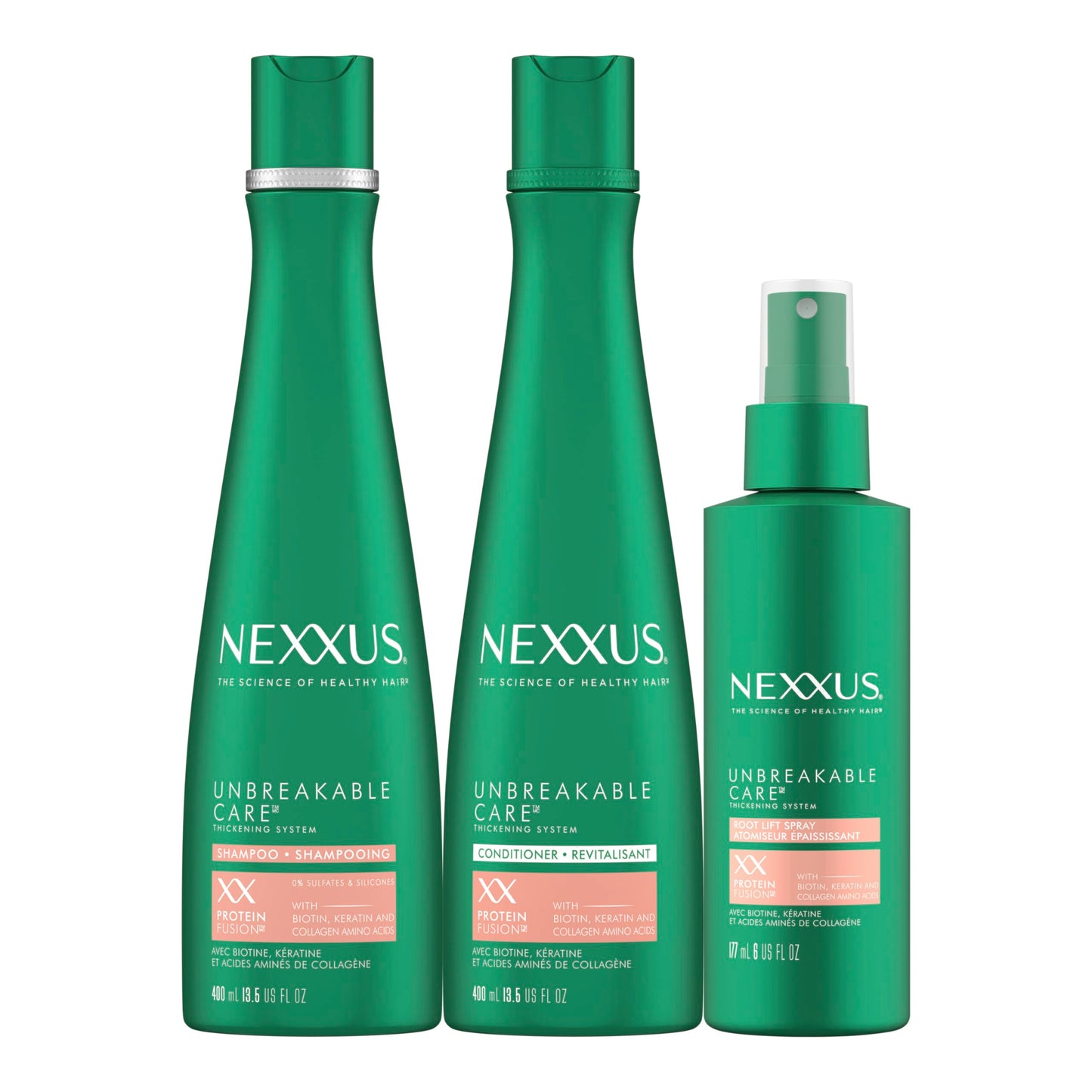 NEXXUS Unbreakable Care Shampoo, Conditioner, and Leave-In Spray 3 Pack For Fine and Thin Hair with Keratin, Collagen, Biotin