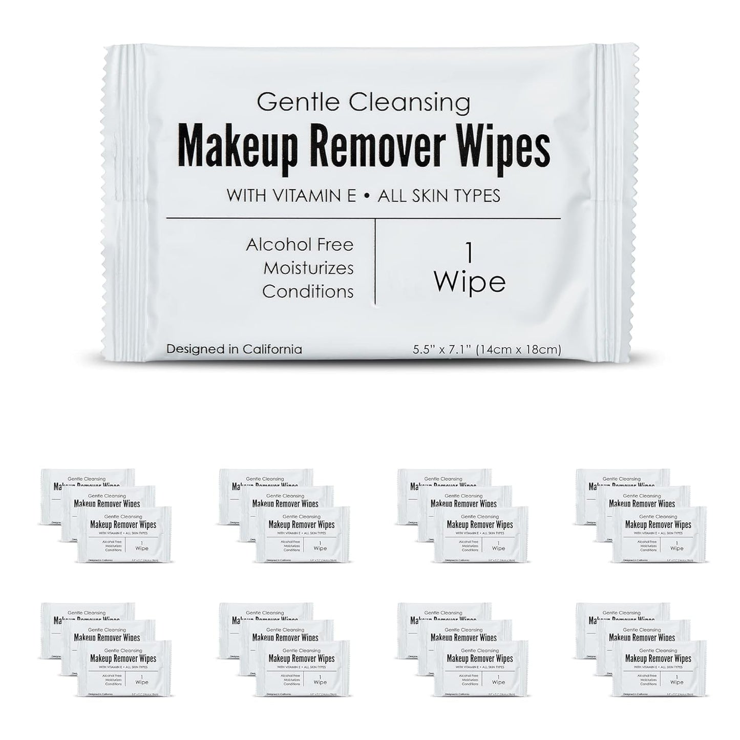Bulk Makeup Remover Wipes | 50 Count | Individually Wrapped, Gentle Cleansing, Alcohol Free - All Skin Types - Vitamin E - 100% Recyclable, Hotel Travel Size Toiletries