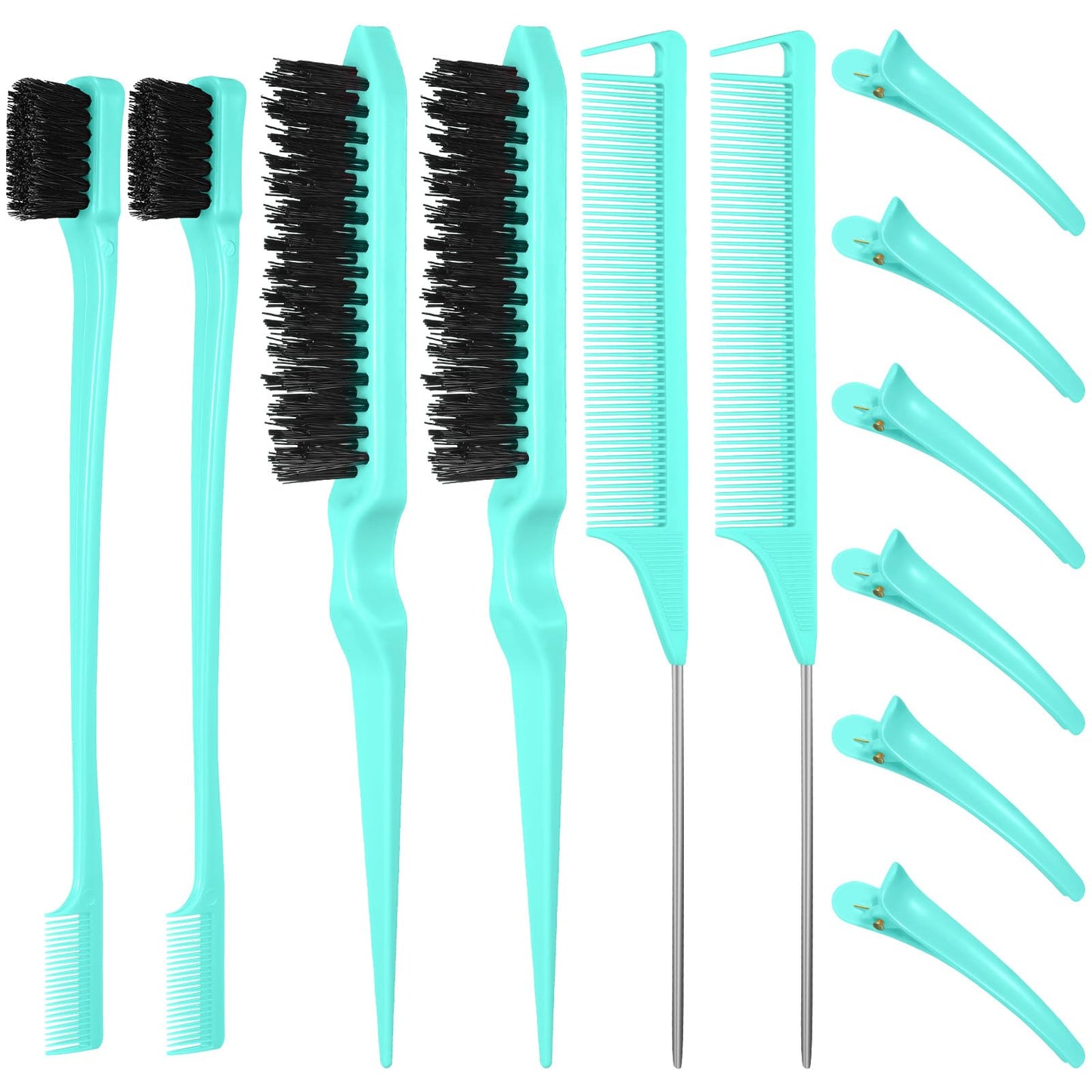 Remerry 12 Pieces Hair Brush Set, Nylon Teasing Hair Brushes 3 Row Salon Teasing Brush, Double Sided Edge Smooth Comb Grooming, Rat Tail Combs with Duckbill Clips for Women(Mint Green)