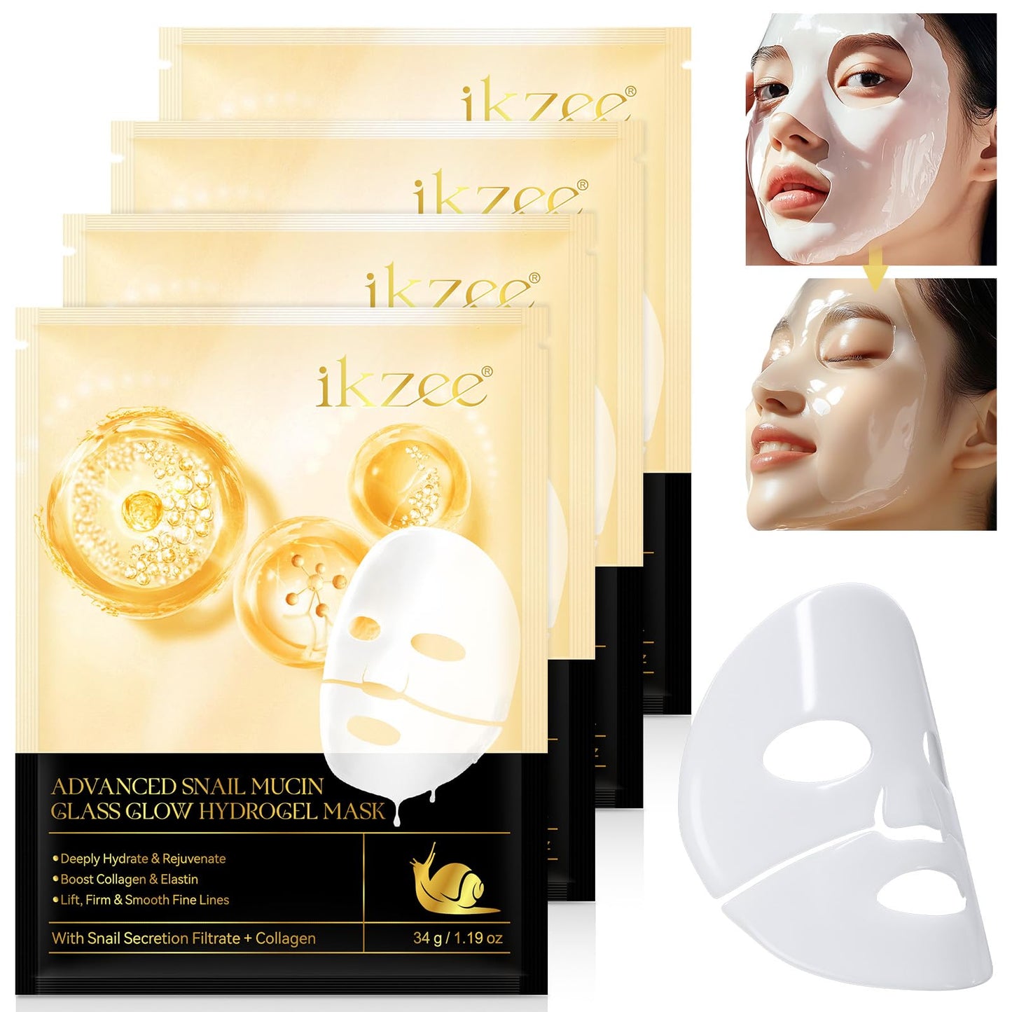 Advanced Snail Mucin Glass Glow Hydrogel Mask, Collagen Face Masks Skincare, Collagen Night Wrapping Mask, Snail Mucin Collagen Mask, Korean Facial Masks Skin Care (4 PCS)