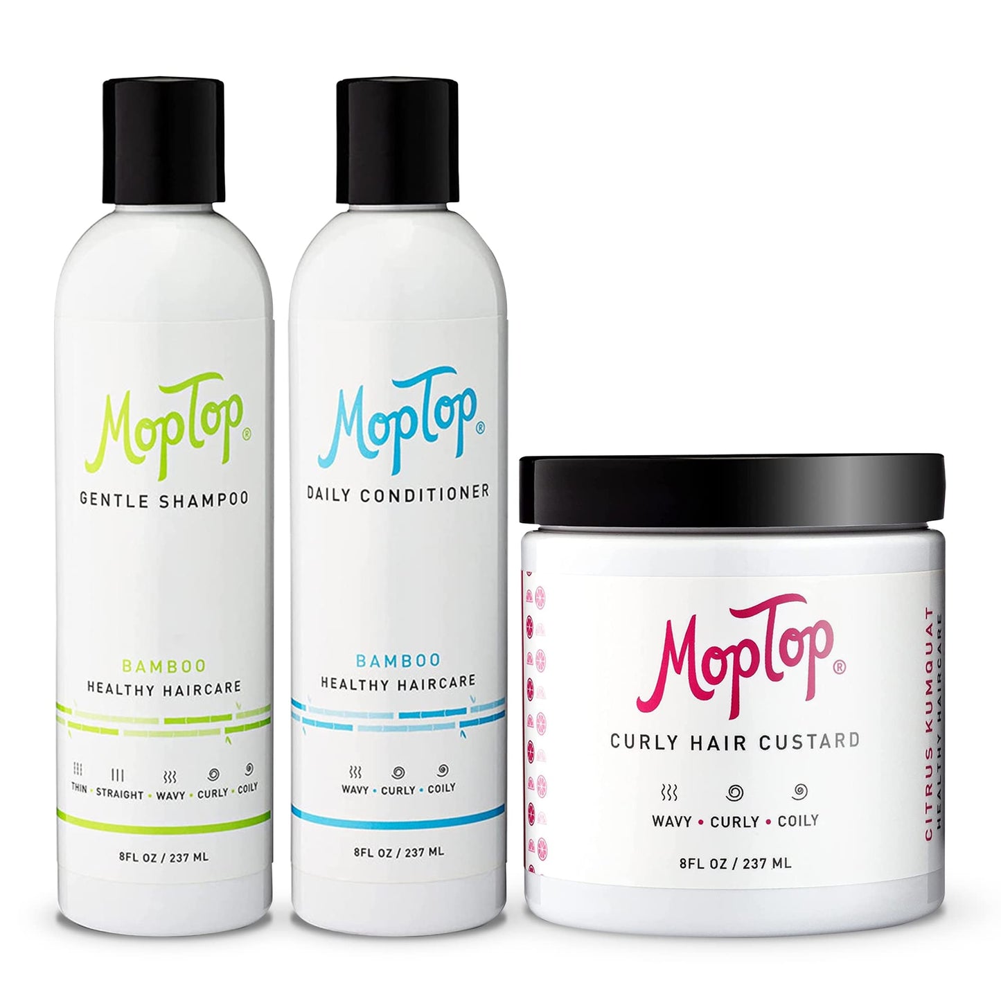 MopTop Curly Hair Routine, Gentle Shampoo + Daily Conditioner + Styling Gel for Wavy and Coily Tresses, Color Safe, Moisturizing Women's Hair Care