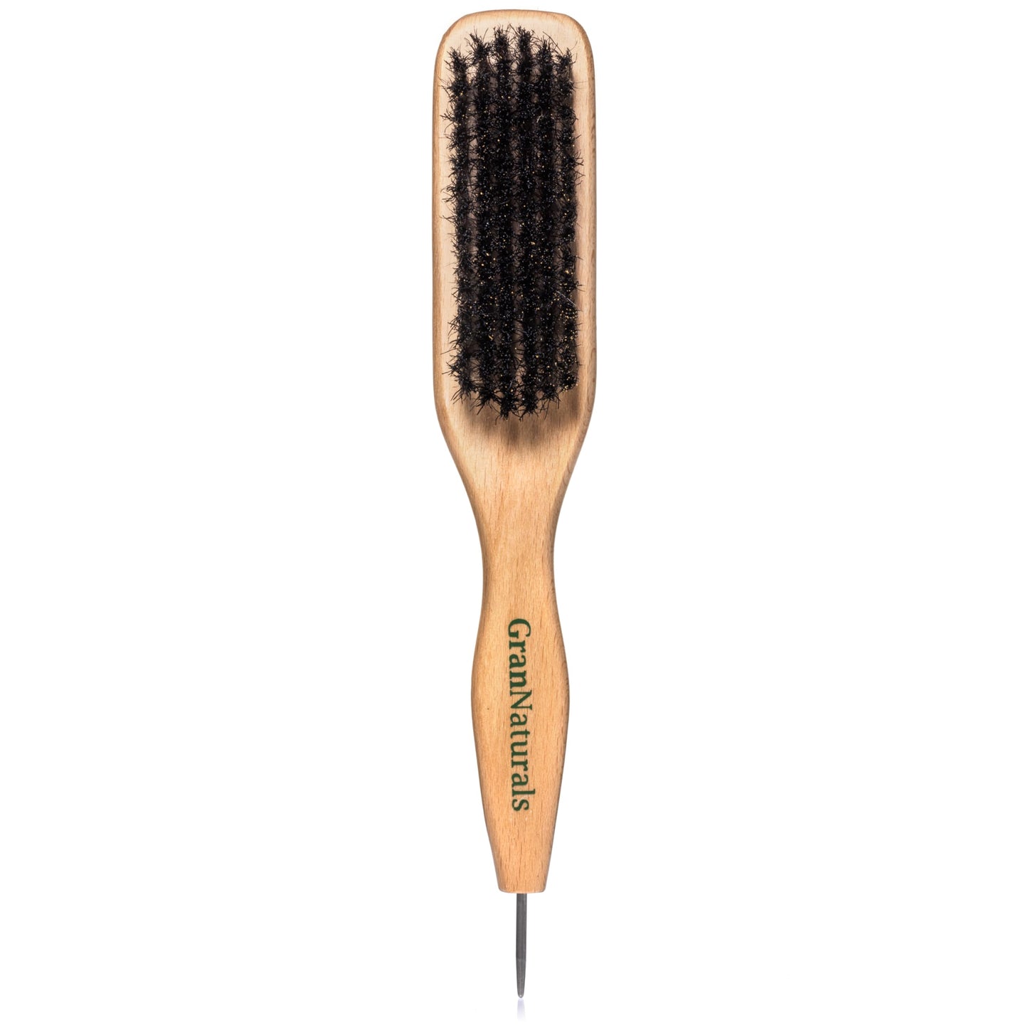 GranNaturals Smoothing & Styling Middle Part Boar Bristle Slick Back Hair Brush w/Narrow Metal Rat Tail End for Sectioning and Parting Sleek Ponytail Bun - Teasing, Backcombing, Edge Control