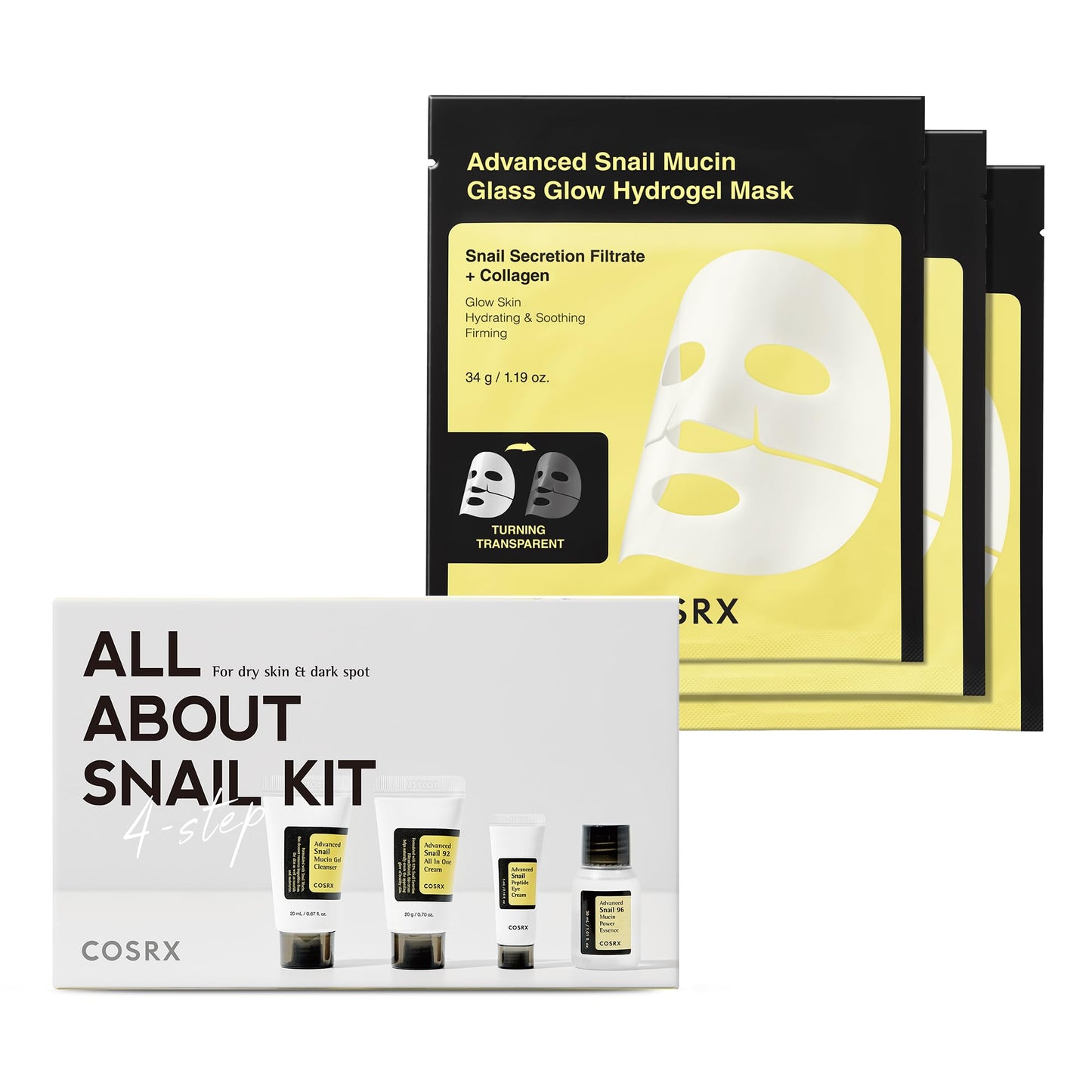 COSRX All About Snail Set + Hydrogel Mask 3EA- Snail Mucin Skincare Set and Glass Glow Hydrogel Collagen Face Mask, Travel Essentials, Stocking Stuffers, Korean Skin Care