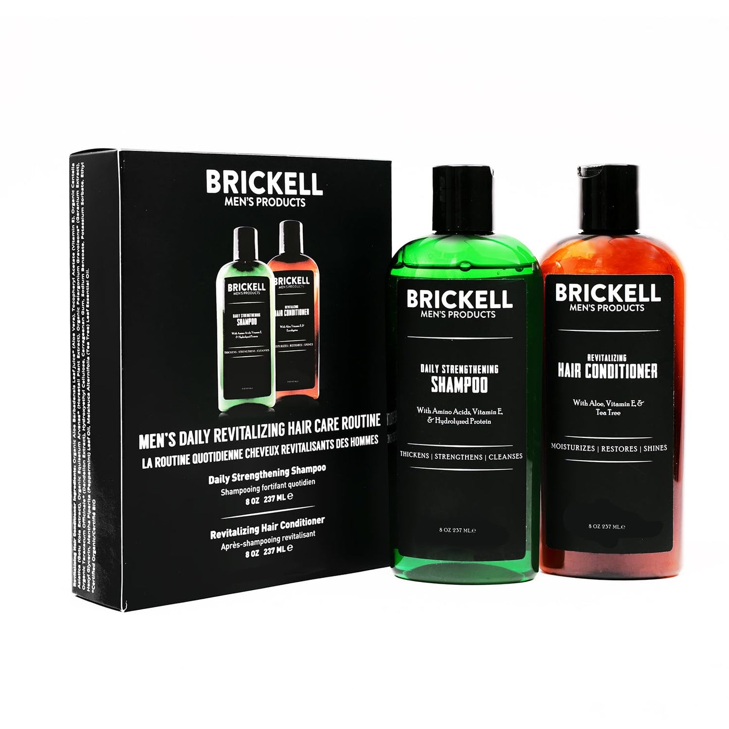 BRICKELL Men's Daily Revitalizing Hair Care Routine, Shampoo and Conditioner Set For Men, Mint and Tea Tree Oil Shampoo, Strength and Volume Enhancing Conditioner, Natural and Organic, Gift Set
