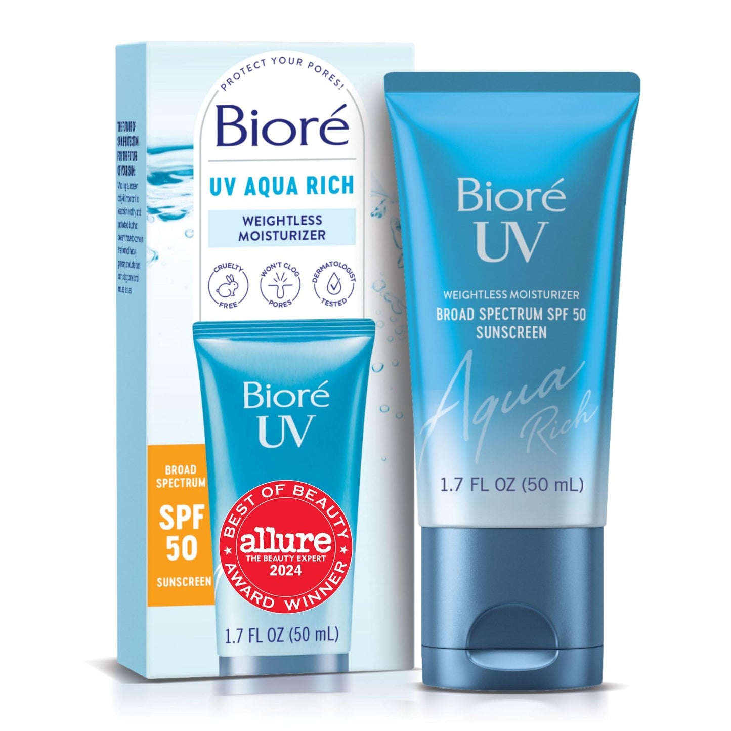 BiorŽ UV Aqua Rich Daily Hydrating Facial Moisturizer with SPF 50 | Oil Free Sunscreen & Primer for Makeup with Hyaluronic Acid, No White Cast, Non-Comedogenic, For Sensitive Skin, PA++++, 1.7 Oz
