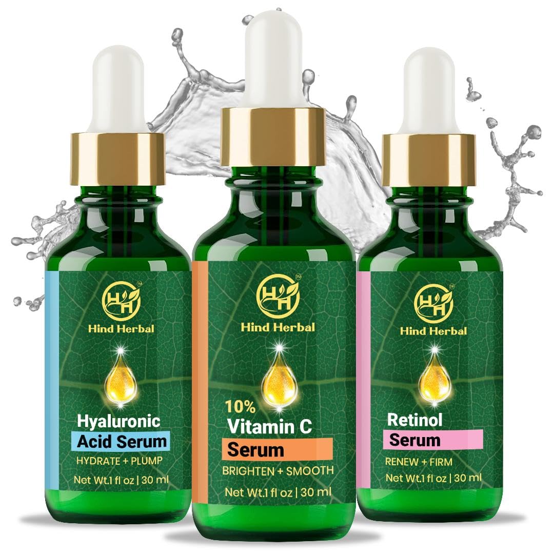 Improved Vitamin C Hyaluronic Acid Retinol Serum Set of 3 (1 Fl Oz each) Brightening, Face Firming, Hydrating Skincare Routine Kit, Anti Wrinkle, Dark Circle Remover Unisex Facial Care Kit
