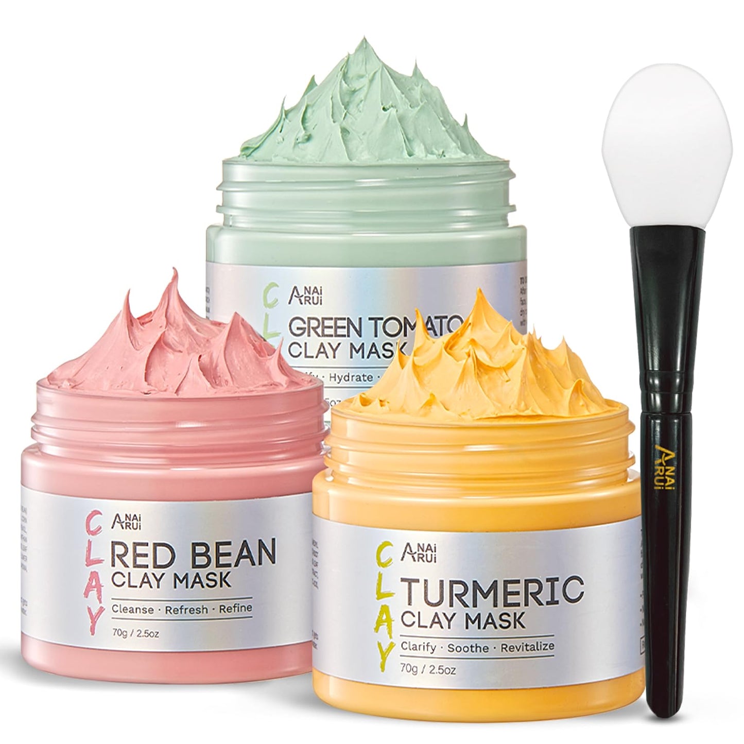 ANAI RUI Green Tomato Clay Mask Set - Turmeric Vitamin C Facial Mask for Women, Red Bean Refreshing Pore Mask, 3-in-1 Detoxifying Mud Mask Spa Gift Set 2.5 oz each