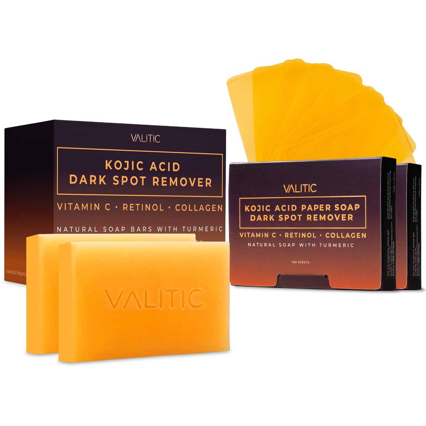 VALITIC Kojic Acid and Turmeric Dark Spot Corrector Soap Skin Care Cleansing Duo - 2 Soap Bars and 200 Melting Paper Sheets - Infused with Vitamin C, Retinol and Collagen