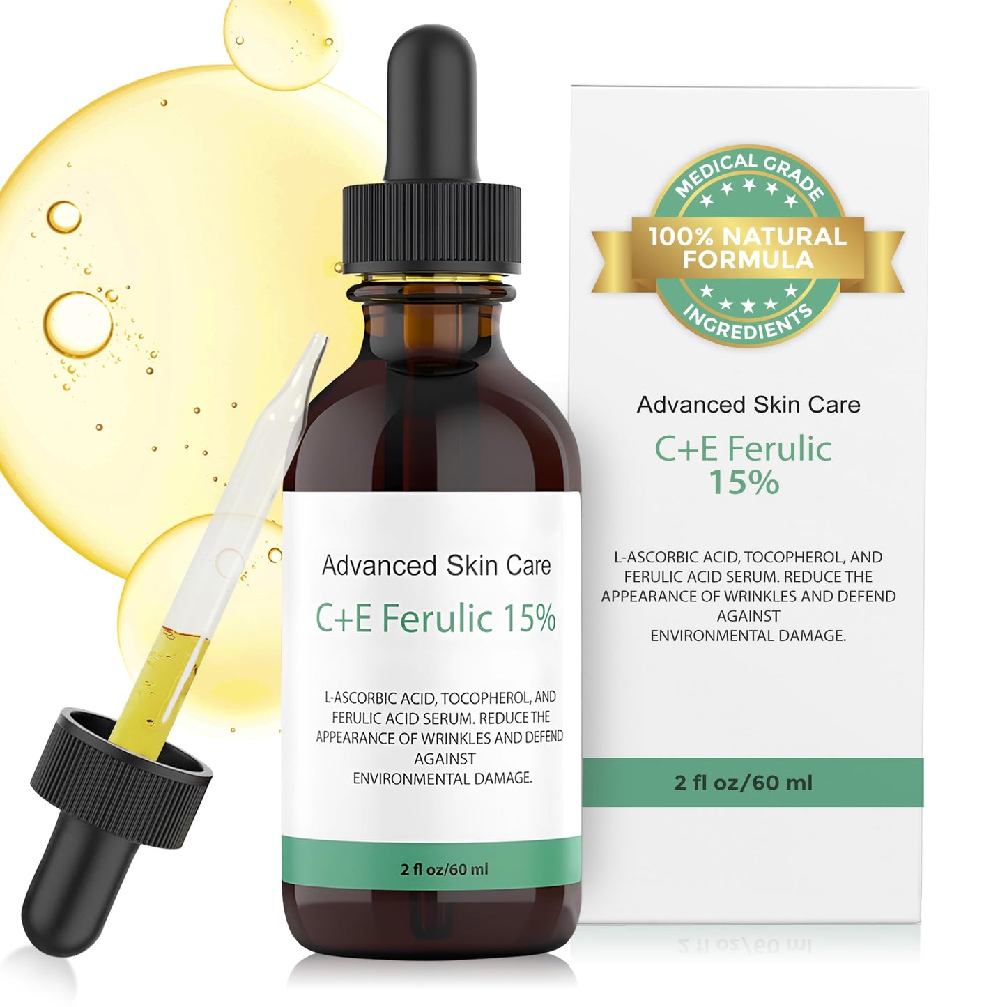 Vitamin C Face Serum with Vitamin E and Ferulic Acid | CE Ferulic 15% with Hyaluronic Acid (Compare to Skin Ceut.) | 2oz, Anti Aging and Wrinkle Serum for Face