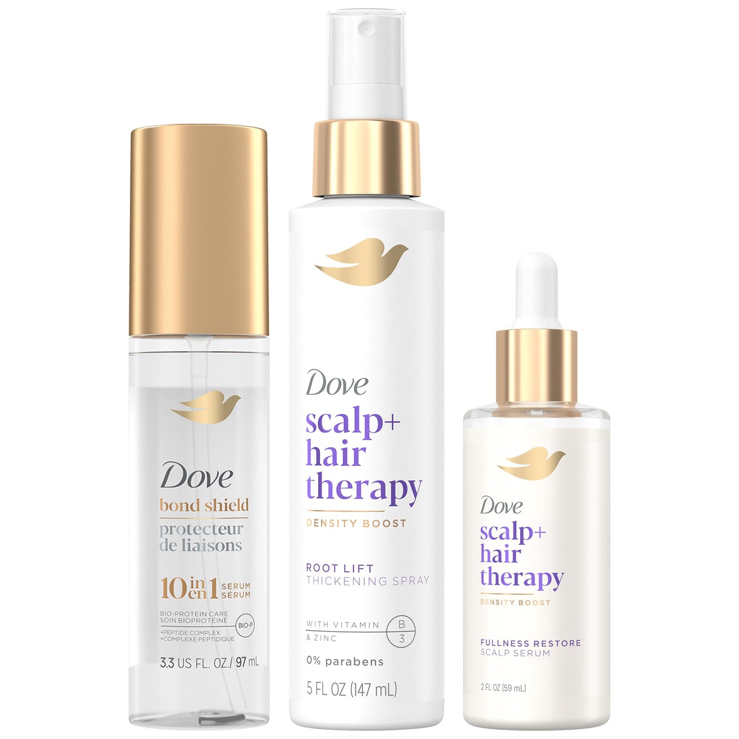 DOVE Hair Serum Bundle Bond Shield 10-in-1 Serum, Root Lift & Fullness Restore Therapy for Healthy Hair, Repair & Strengthening (3 Piece Set)