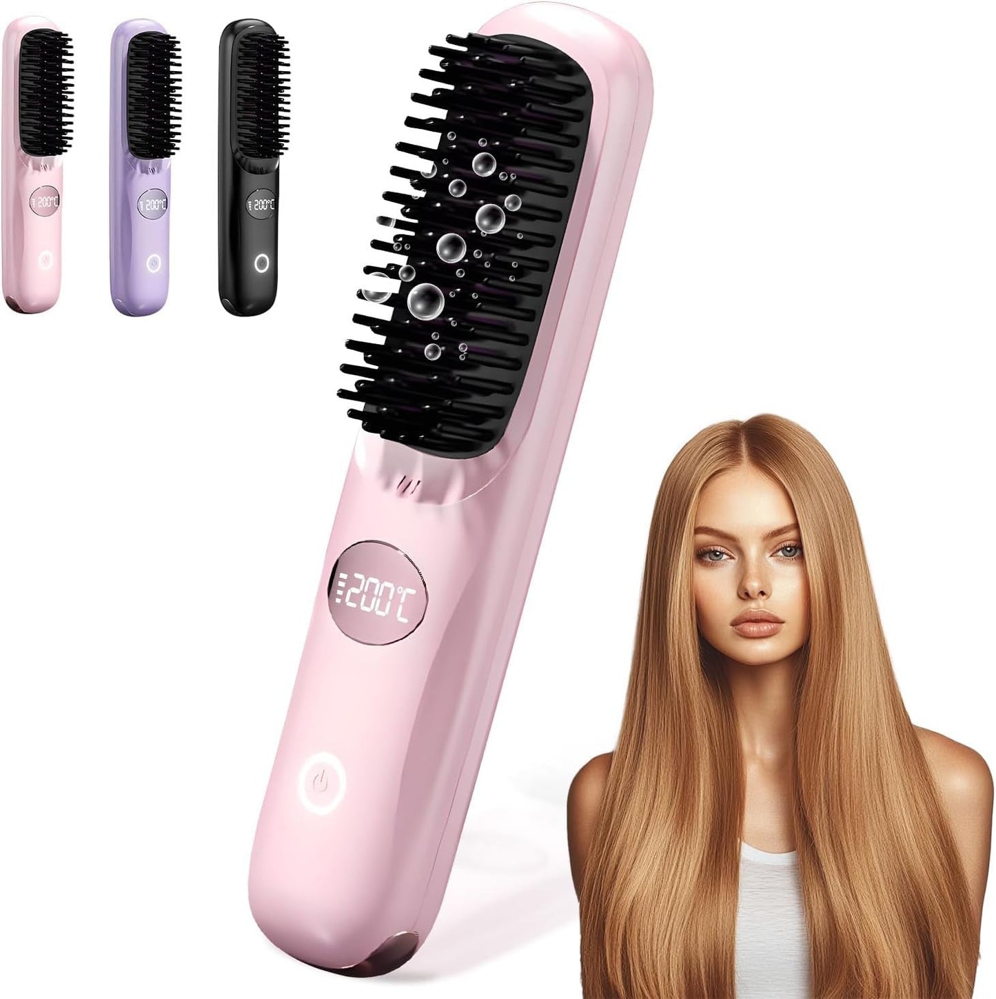 Go Brush Pro Cordless Hair Straightener Brush - Portable Hair Straightening Brush for Travel (Pink)