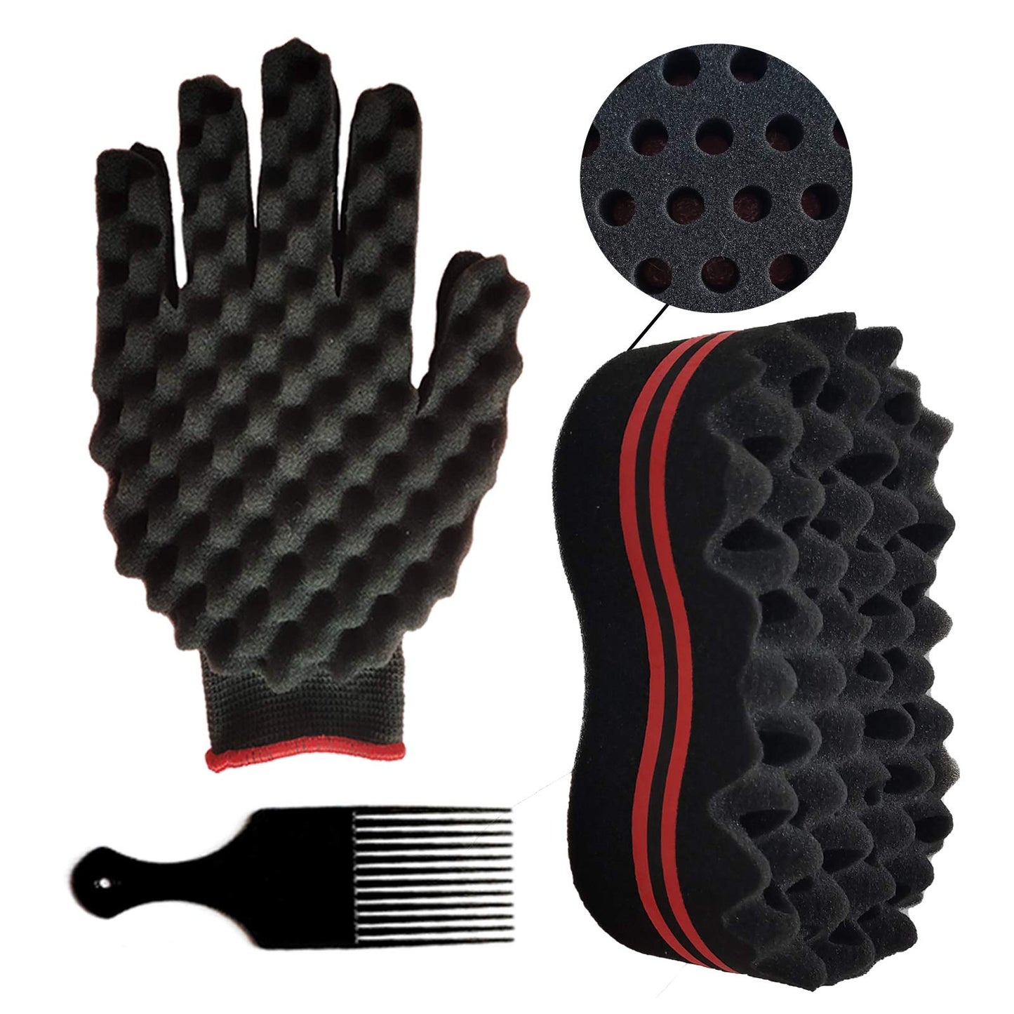 2PCS Hair Curl Sponge Set with Twist Comb and Double-Sided Brush for Afro Coils, Dreadlocks, Curls, and Black Men's Hair (Right Glove Included)