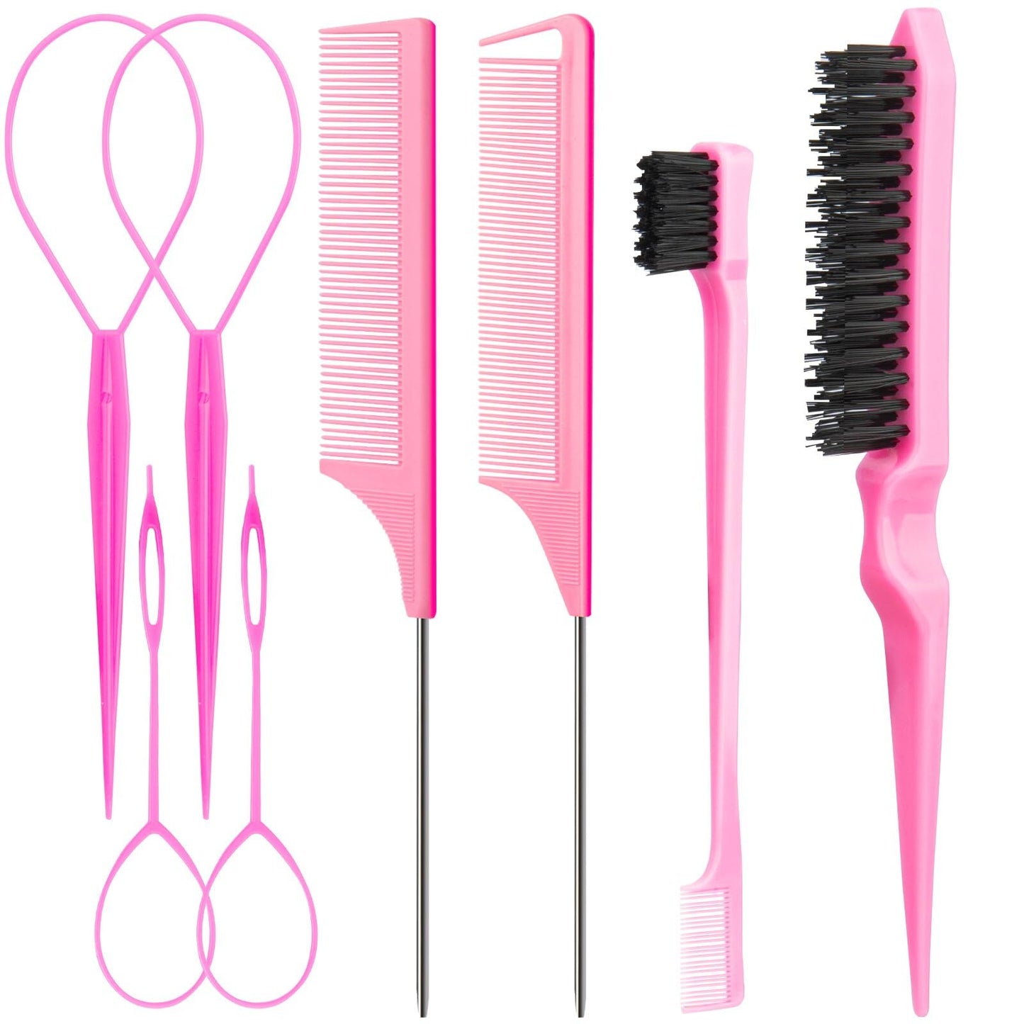 Aigee 8Pcs Hair Styling Combs Set Include 4Pcs Topsy Hair Tail Tools 2 Styles of Rat Tail Comb,1Pcs Bristle Teasing Slick Back hair Brush,1Pcs Edge Control Brush,Eyebrow Brush for Woman Girl Pink