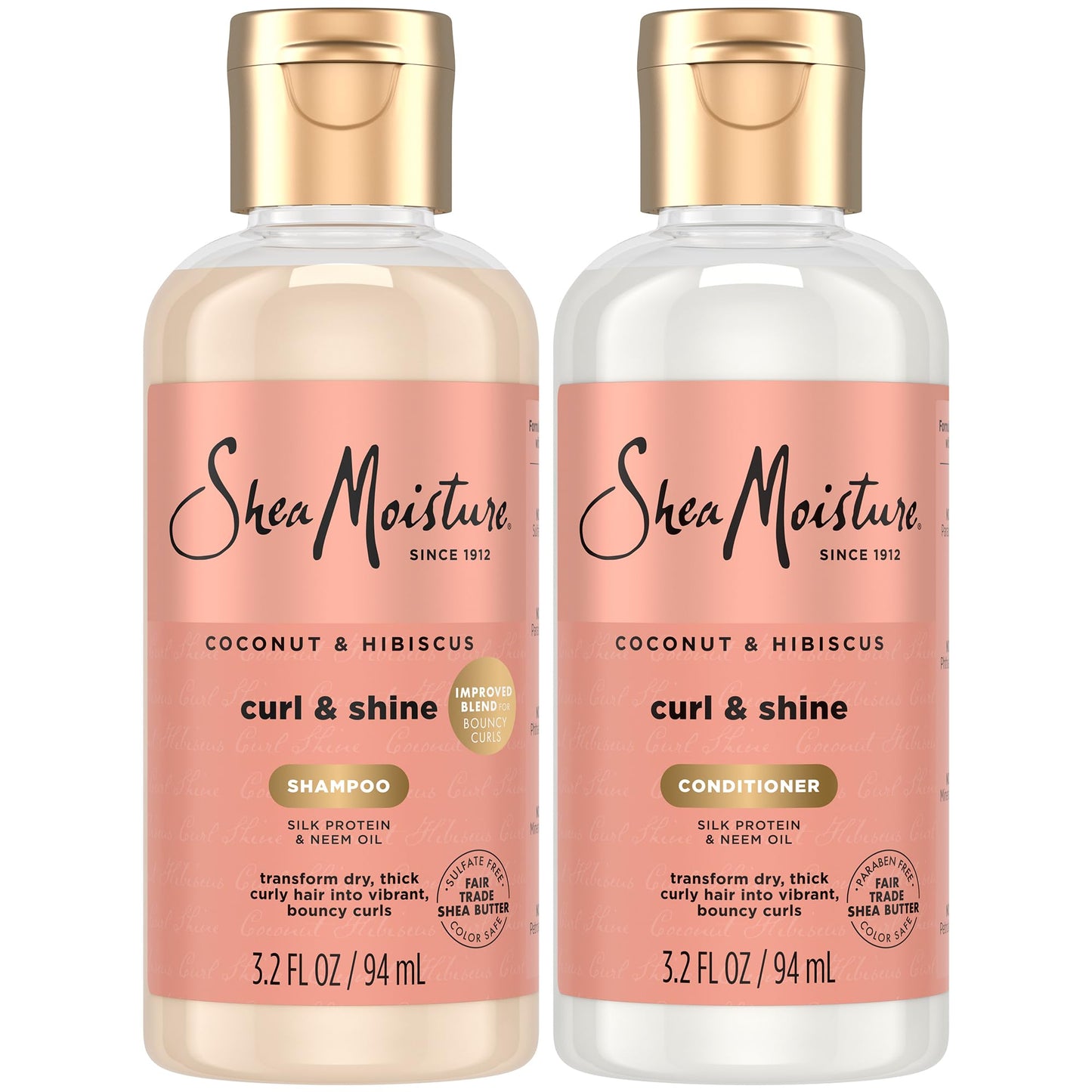 SheaMoisture Curl & Shine Shampoo & Conditioner, Travel-Size Coconut & Hibiscus Curly Hair Products for Shine & Frizz Control, 3.2 Oz Ea (2 Piece Set)