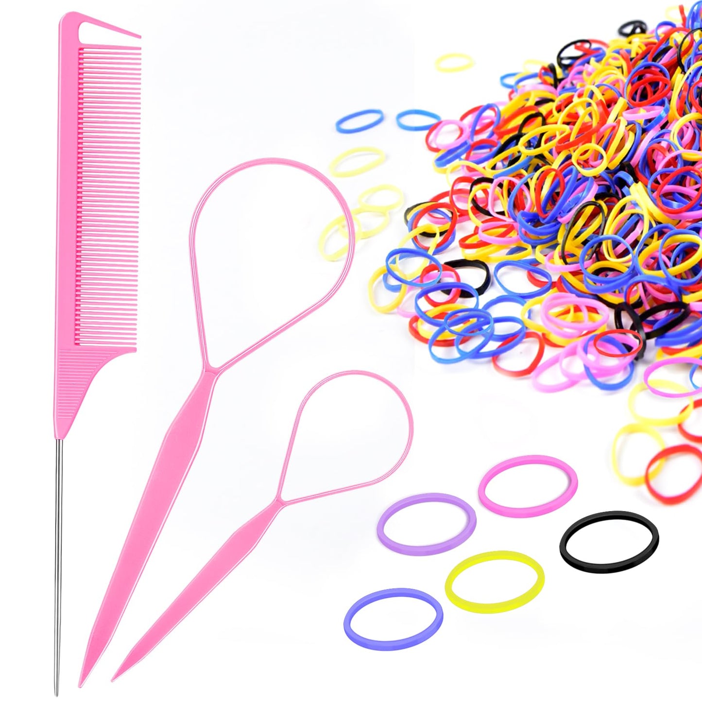 IKOCO Girls' Hair Styling Kit with 1000 Colorful Rubber Bands, 2 Topsy Tail Tools, Rat Tail Comb and Small Hair Bands