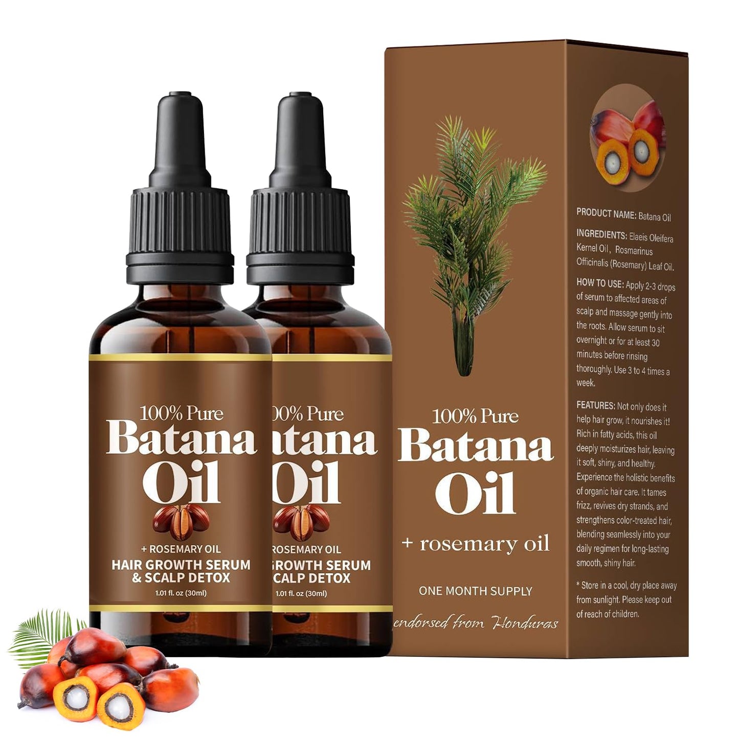 Batana Oil With Rosemary for Hair Growth, 100% Organic From Honduras, Nourishes All Hair Types, 30ml / 1 Fl Oz (2pcs)