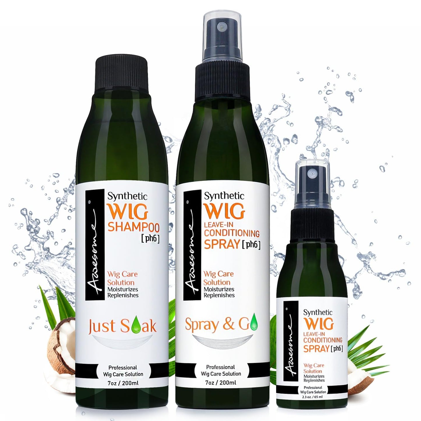 Awesome Synthetic Wig Shampoo & Leave in Conditioner Spray, pH6, Replenishes & Easy Combing, Contains Coconut Oil (Premium Set of 3)