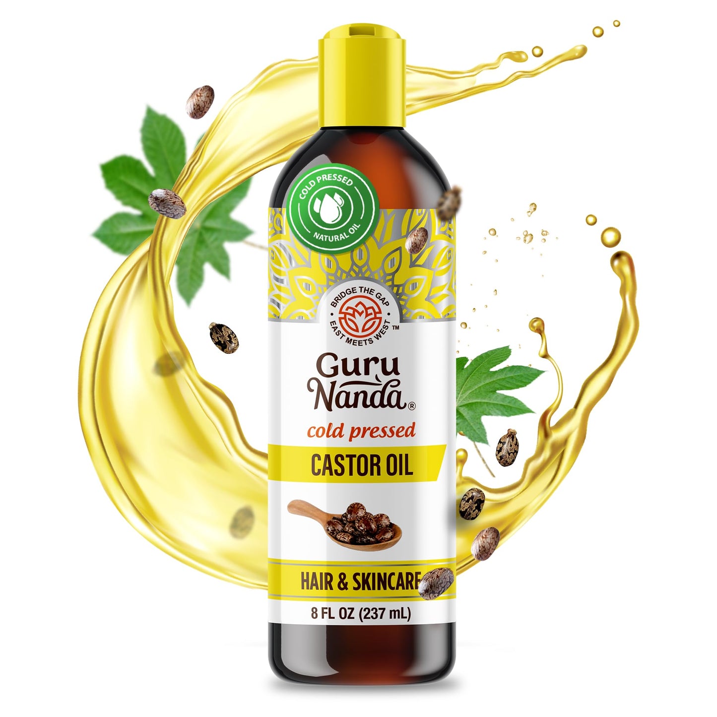 GuruNanda Castor Oil (8 Fl oz), 100% Pure & Natural - Cold Pressed & Hexane-Free, Hydrating Carrier Oil for Skin, Hair, Eyebrows & Eyelashes Growth