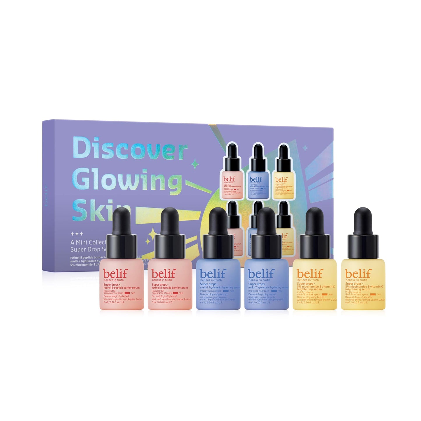 BELIF Discover Glowing Skin Mini Kit: Peptides Firming Serum, Multi7-Hyaluron Hydrating Serum, Vitamin C Serum, Super Drops Trial Set, Hyaluronic Acid, 5% Niacinamide, Retinol, Korean Skin Care