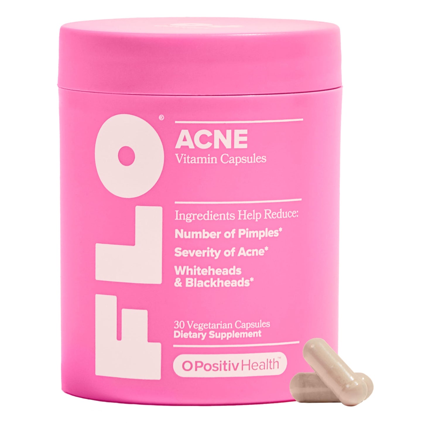 O Positiv FLO Acne Capsules Reduce Number and Severity of Pimples, Whiteheads, Blackheads, and Pustules on Face, Back, and Body Colostrum-Derived Lactoferrin, Zinc and Vitamin E 30 Servings