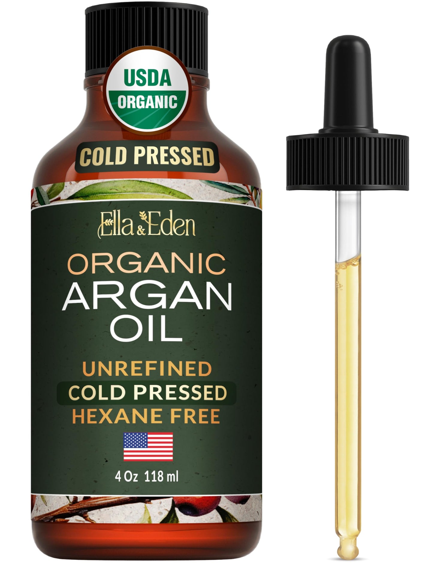 Organic Argan Oil for Hair, Face & Skin | Moroccan Argan Oil, USDA Certified, 100% Pure, Cold-Pressed, Unrefined, Glass Bottle 4 Oz