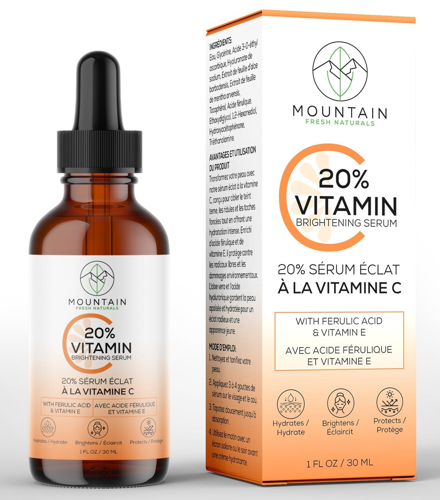 Vitamin C Serum 20% 3-0-Ethyl Ascorbic Acid, Ferulic Acid & Vitamin E Brightening, Hydrating, Anti-Aging Serum for Dark Spots, Uneven Skin Tone & Wrinkles 30mL / 1 fl oz