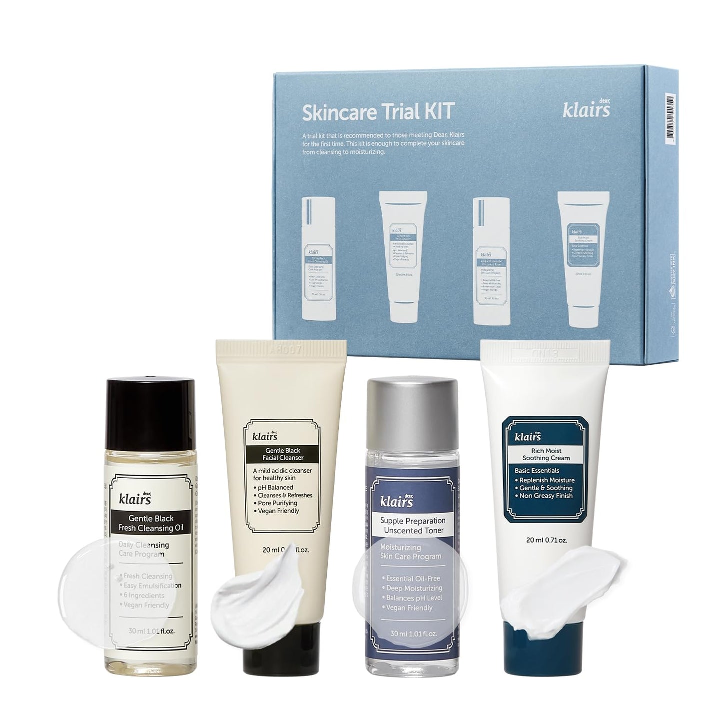 DEAR KLAIRS Skincare Trial Kits, Valentine's Galentine's Day Gifts, 4 minis, cleansing oil, cleanser, toner, cream, Travel must haves, Gifts for Women, mom