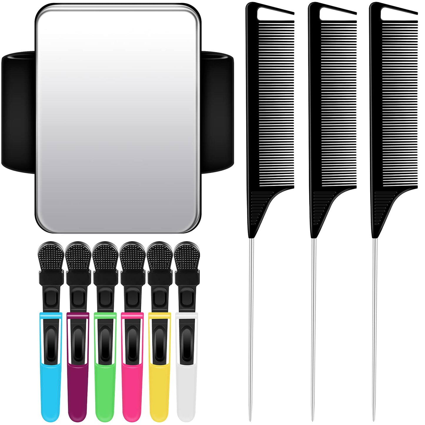 Geiserailie Hair Styling Tools Magnetic Gel & Silicone Wristband for Stylists and Braiders, Black Wrist Strap, With 3 Rat Tail Combs and 6 Plastic Clips
