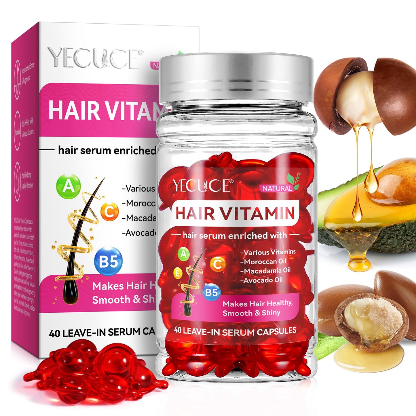 Hair Vitamin Serum Capsules, Hair Treatment Serum Oils - No Rinse with Argan Macadamia Avocado Oils - Enriched Hair Vitamins A, C, E, Pro B5-40 Capsules for Women Men Hair Repair