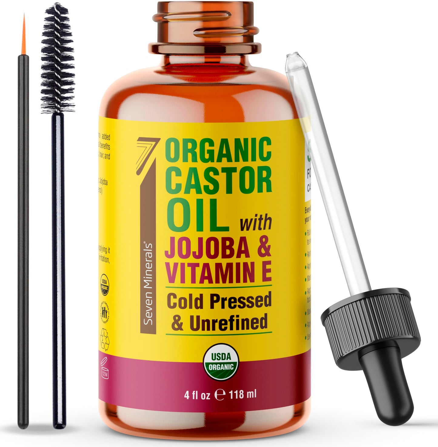 Seven Minerals Organic Castor Oil with Jojoba & Vitamin E for Eyelashes, Eyebrows, Face & Hair Growth - Glass Bottle, Cold Pressed & Hexane Free - Hydrates & Boosts Natural Hair Growth - 4 fl oz