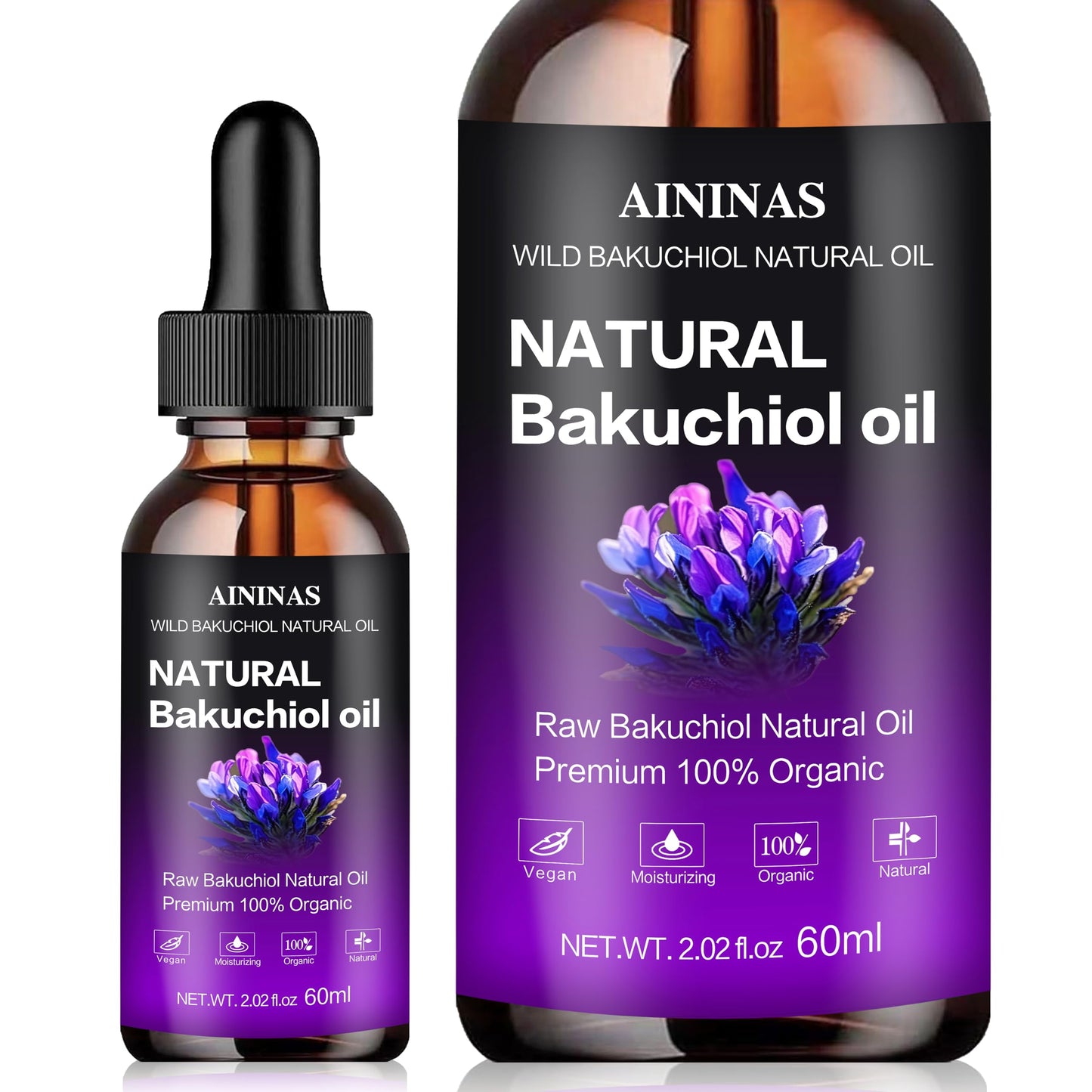 AIninas BAKUCHIOL Oil Organic for Face - Natural Retinol ALTERNAtive Reduces Wrinkles & Fine Lines, Sensitive Skin Safe, Mix with Moisturizer - Hydrating Facial Serum for Day & Night Use, 2 fl oz