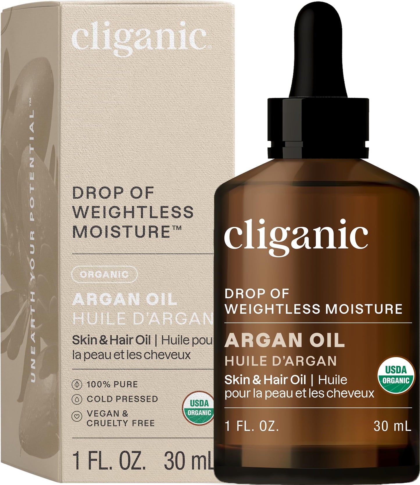 Cliganic Organic Argan Oil, 100% Pure (1oz) - for Hair, Face & Skin | Cold Pressed Carrier Oil (Packaging May Vary)