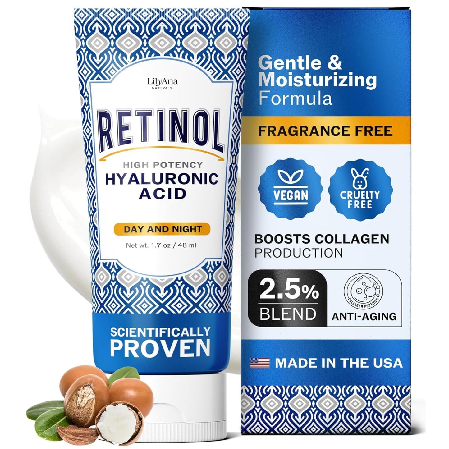 LilyAna Naturals Anti Aging Retinol Face Cream for Women Wrinkle & Neck Cream for Firming, Retinol Moisturizer for Face with Hyaluronic Acid, Hydrating Night Cream for Fine Lines, Collagen Boost