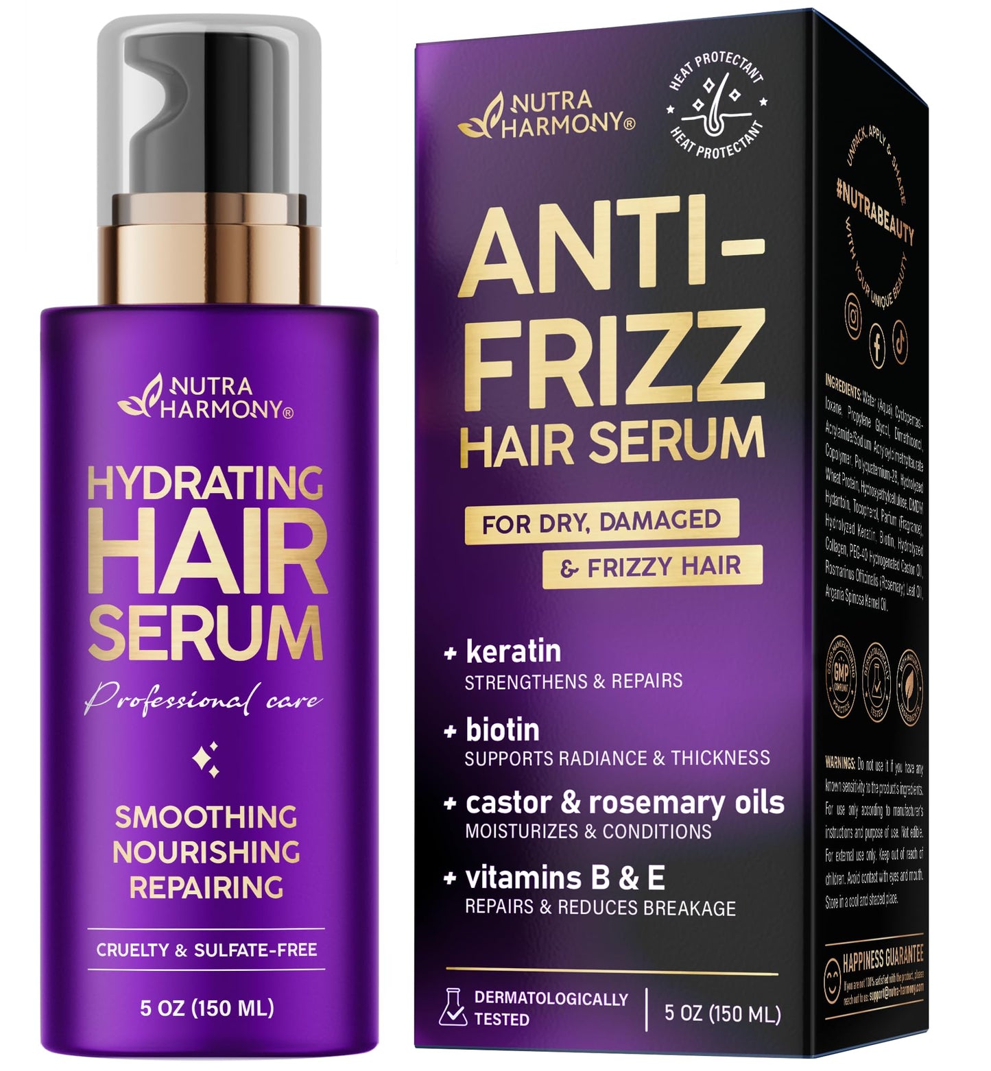 NUTRAHARMONY Hydrating Hair Serum Keratin Hair Treatment for Dry, Frizzy, Damaged Hair Biotin, Castor & Rosemary Oils Anti‑Frizz, Heat Protectant & Split Ends Repair for Smooth, Shiny Hair, 5oz