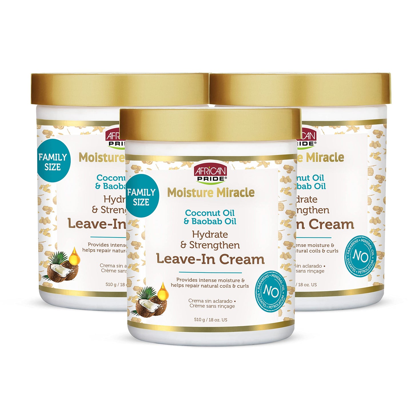 AFRICAN PRIDE Moisture Miracle Coconut Oil & Baobab Oil Leave-In Hair Cream (3 Pack) - Provides Intense Moisture & Helps Repair Natural Coils & Curls, Hydrates & Strengthens, 18 oz