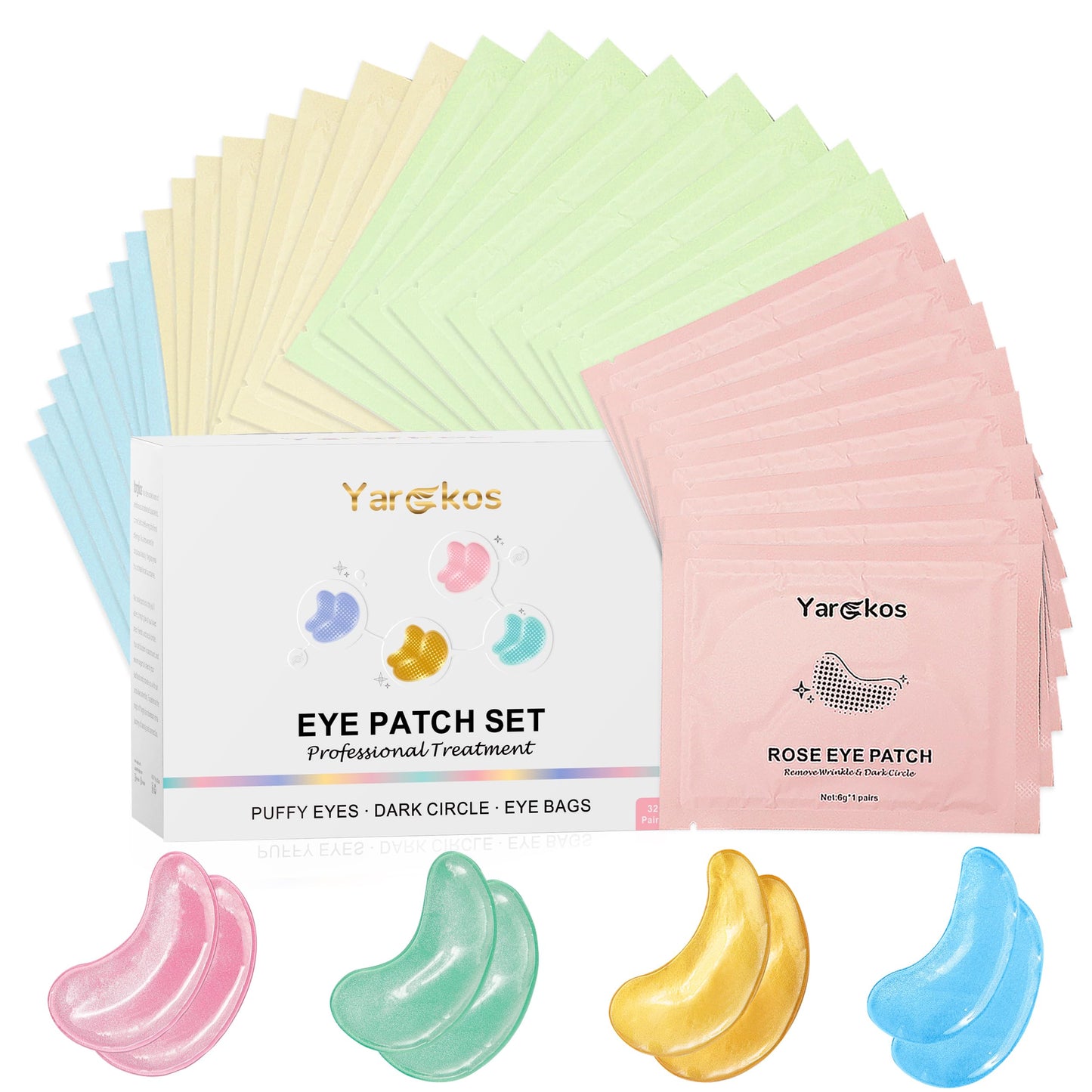 32 Pairs Under Eye Patches, Hydrating Eye Masks for Dark Circles Puffiness Puffy Eyes, Anti Wrinkle Collagen Undereye Pads, 32 Sets Travel Skincare Face Gel (24K Golden+Blue+Pink+Green)