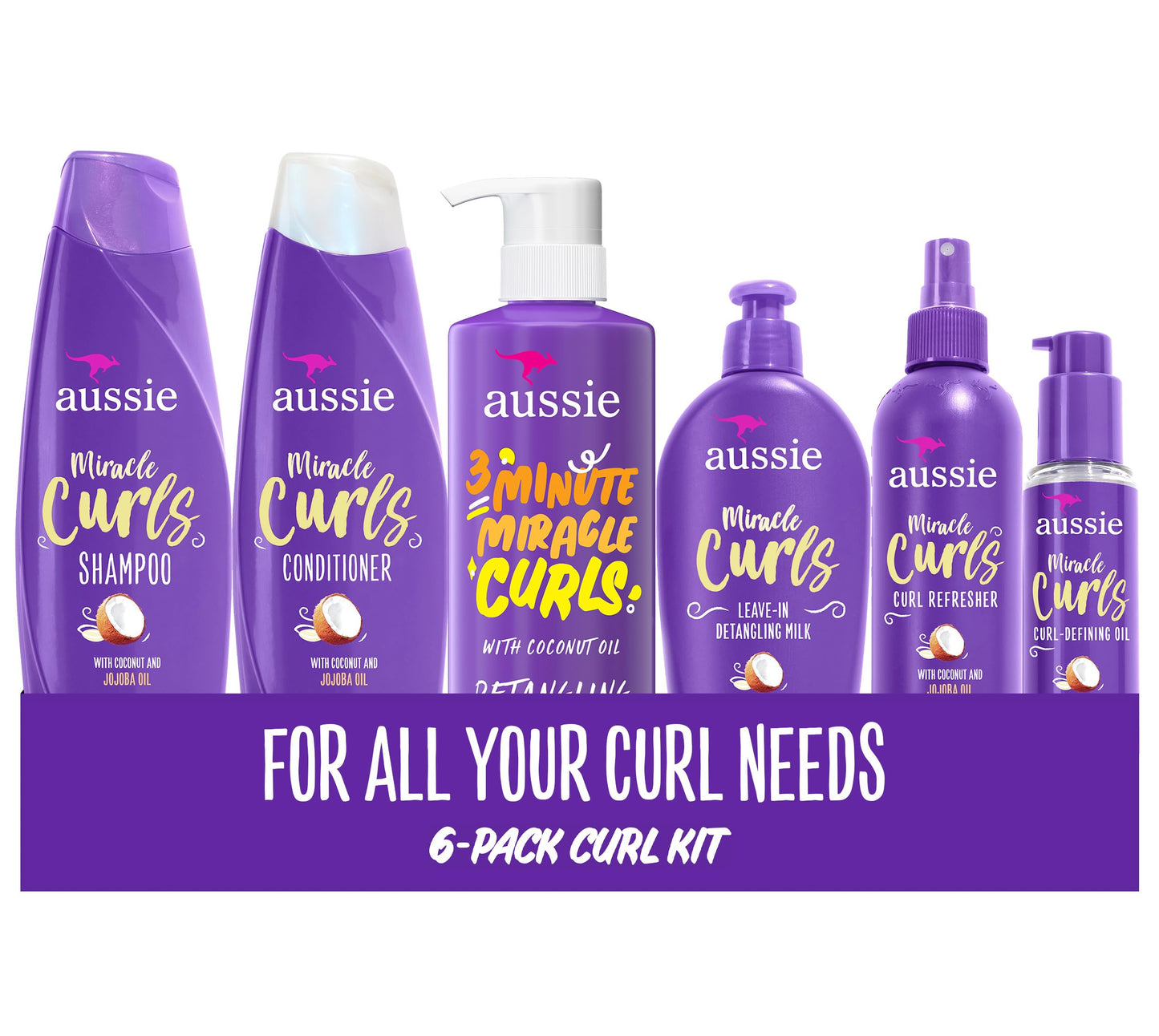 AUSSIE Miracle Curls Set: Shampoo, Conditioner, Deep Hydration, Spray Gel, Detangling Milk, and Oil Hair Treatment, Curl Oil, Coconut & Jojoba, Frizz Control, 6 Pieces