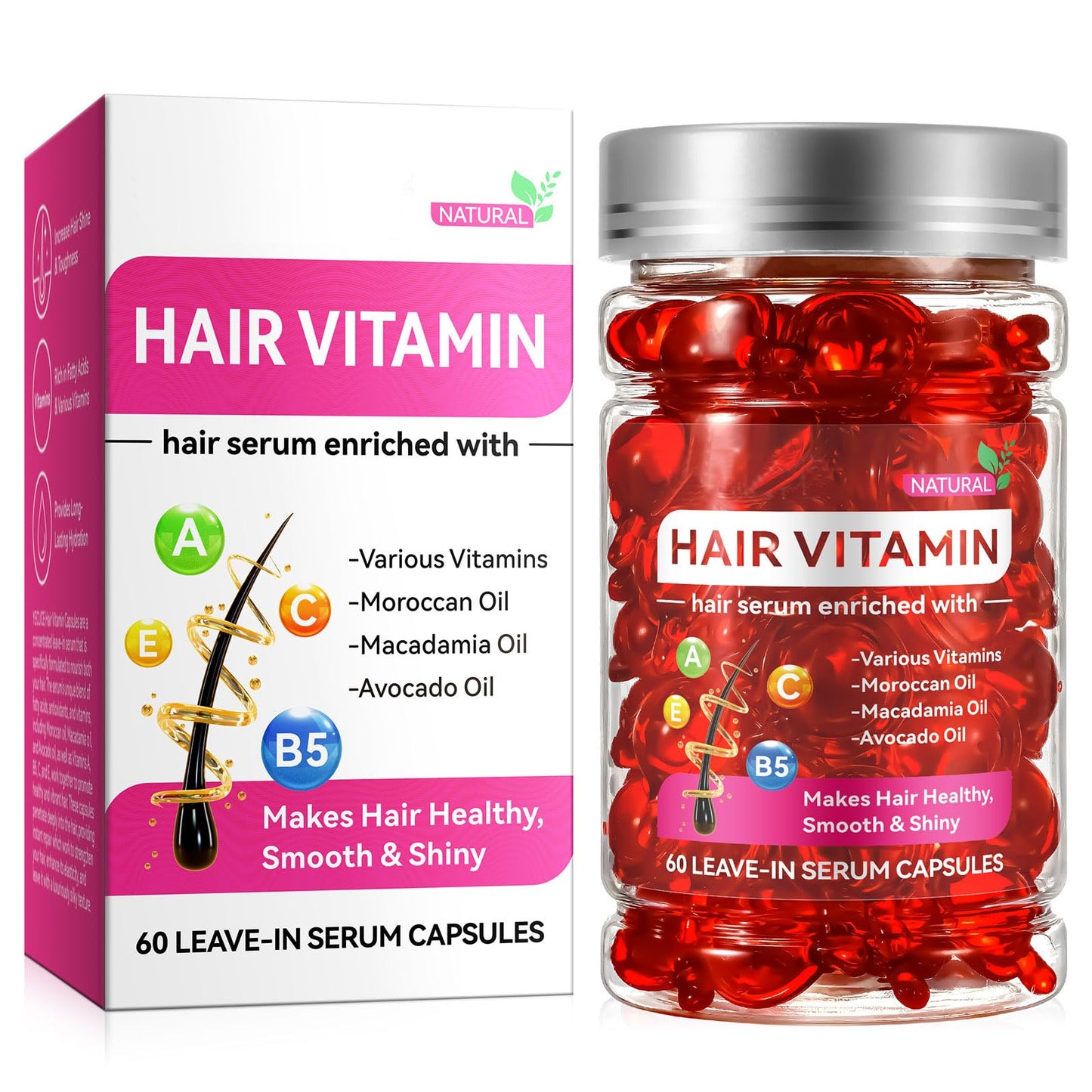 Hair Treatment Serum 60PCS, Hair Vitamins Capsule, Hair Styling Serum for Frizzy & Dry Hair, Styling & Moisturizing Oil Capsules with Avocado Oils, Leave-in Anti Frizz Conditioner Capsules