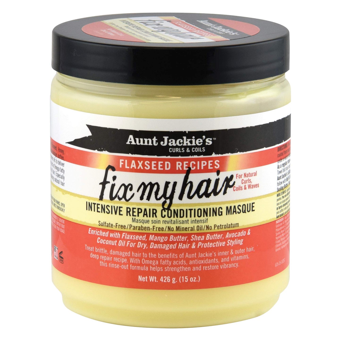 AUNT JACKIE'S Flaxseed Recipes Fix My Hair, Intensive Repair Conditioning Masque, Helps Prevent and Repair Damaged Hair, 15 Ounce jar