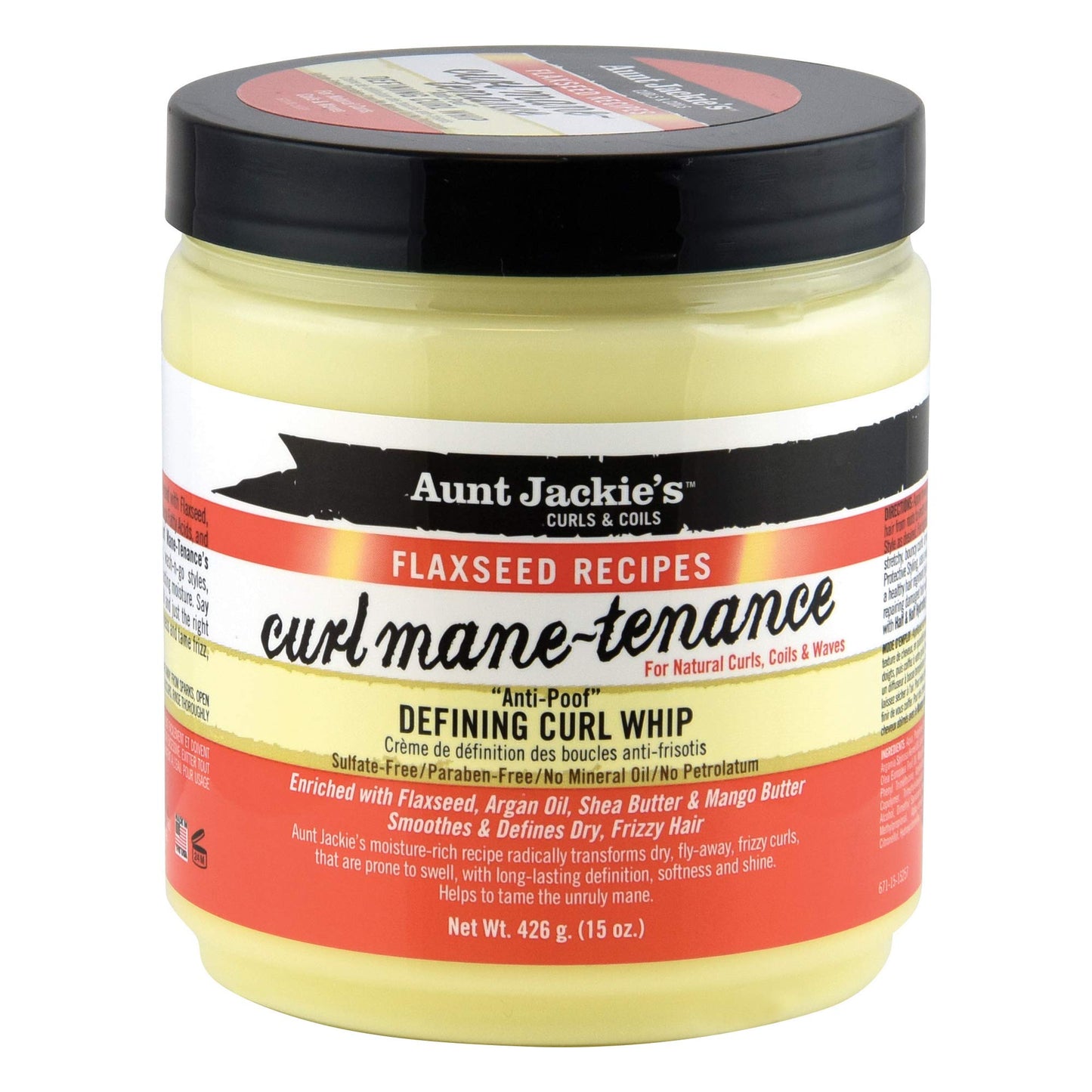 AUNT JACKIE'S Flaxseed Recipes Curl Mane-tenance, Lightwieght Anti-Poof Defining Curl Whip, Enriched with Flaxseed, Argan Oil and Shea Butter, Great for Dry and Frizzy Hair, 15 Oz Jar, Orange