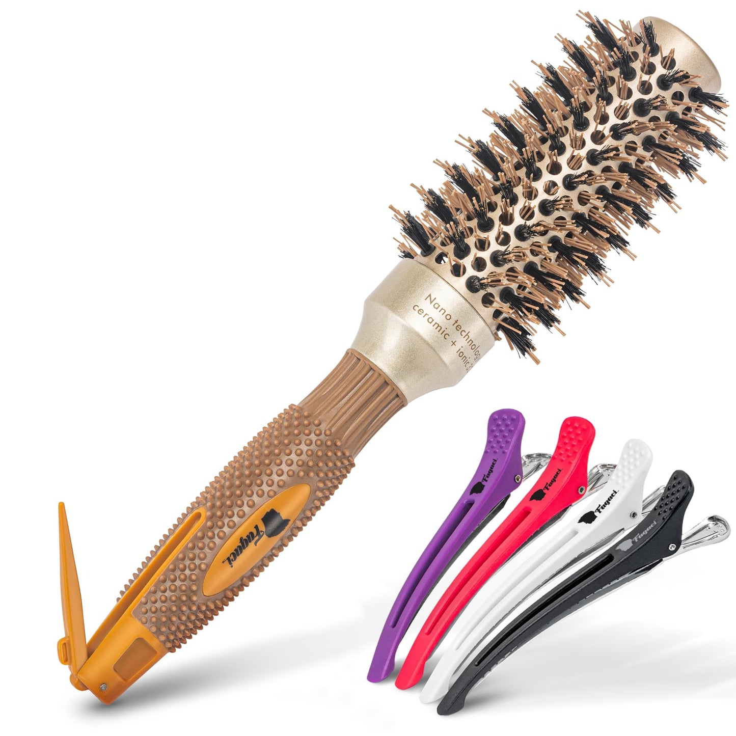 Fagaci Small Round Brush for Blow Drying with Natural Boar Bristle, Hair Styling, Drying, Healthy Hair and Add Volume, Ceramic Gold, Hair Brush + 4 Styling Clips