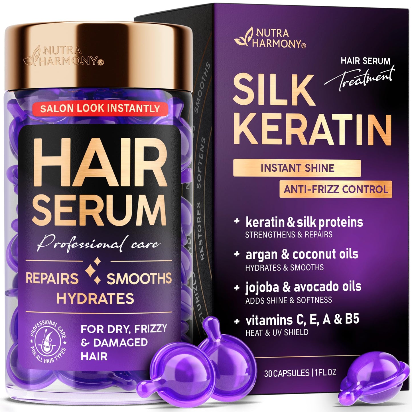 Hair Serum Capsules Keratin & Silk Protein Hair Treatment with Argan, Coconut, Jojoba & Avocado Oils Leave‑In Anti‑Frizz Hair Oil w/ Vitamins A, E & B5 for Dry, Damaged Hair No Rinse, 30 ct