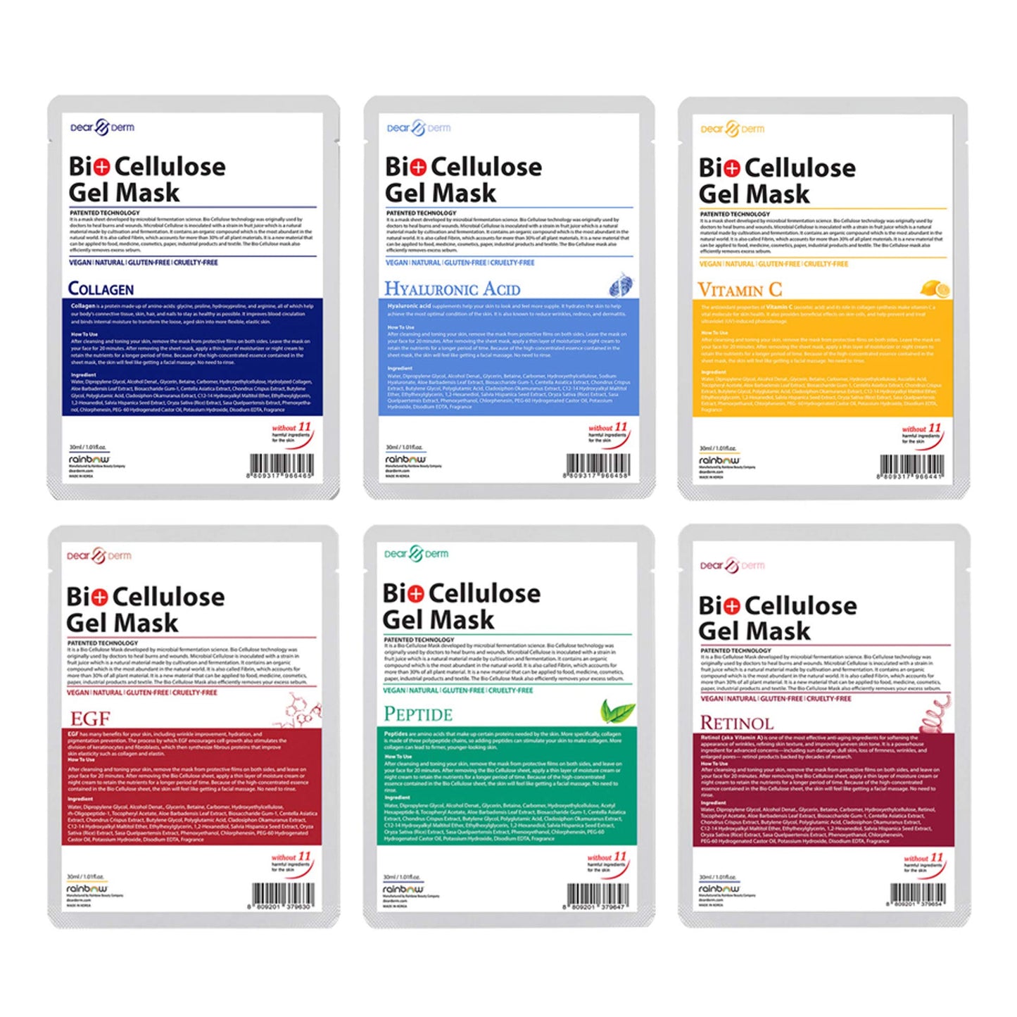Bio Cellulose Gel Mask, Skincare Face sheet mask, Facial sheet mask - Assorted (6 sheets)