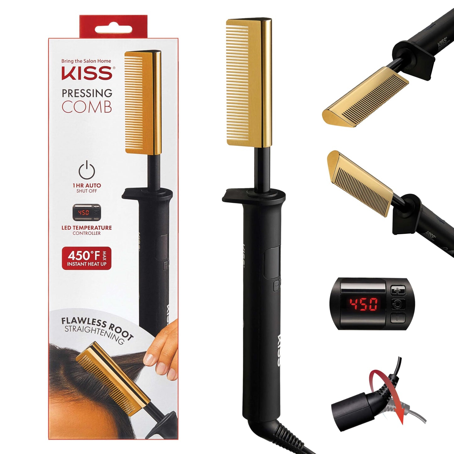 KISS Professional Pressing Comb with Polished Gold Smoothing Comb, Safety Stand, Digital LED Temperature Display, & Tangle Free 360¡ Swivel Cord
