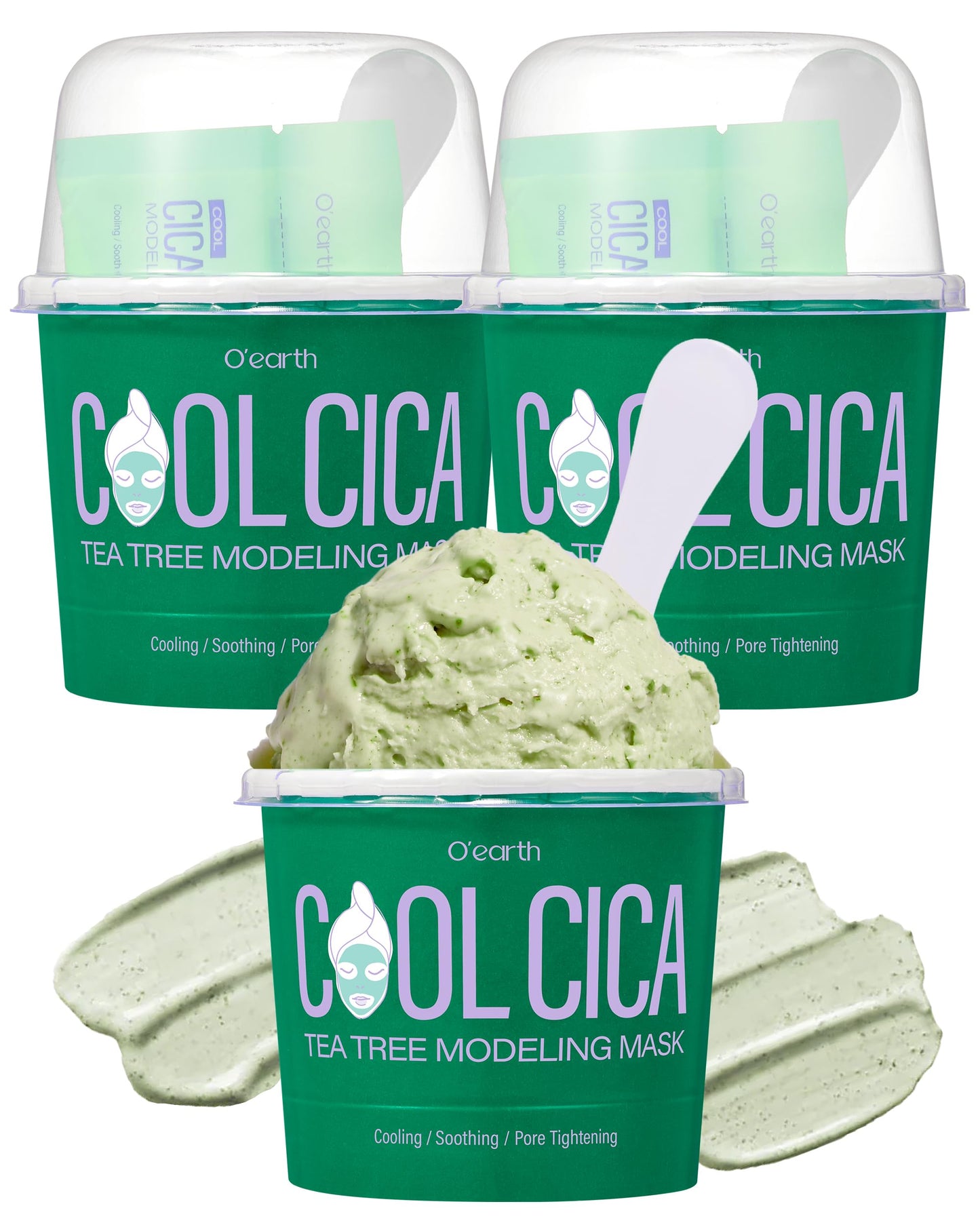 O'earth Cool Cica Tea Tree Modeling Mask- Rapid Cooling & Pore Tightening Korean DIY Home Spa Mask - Easy to Use - Hydrating & Deep Pore Cleansing, Pack of 3, 1.01oz.